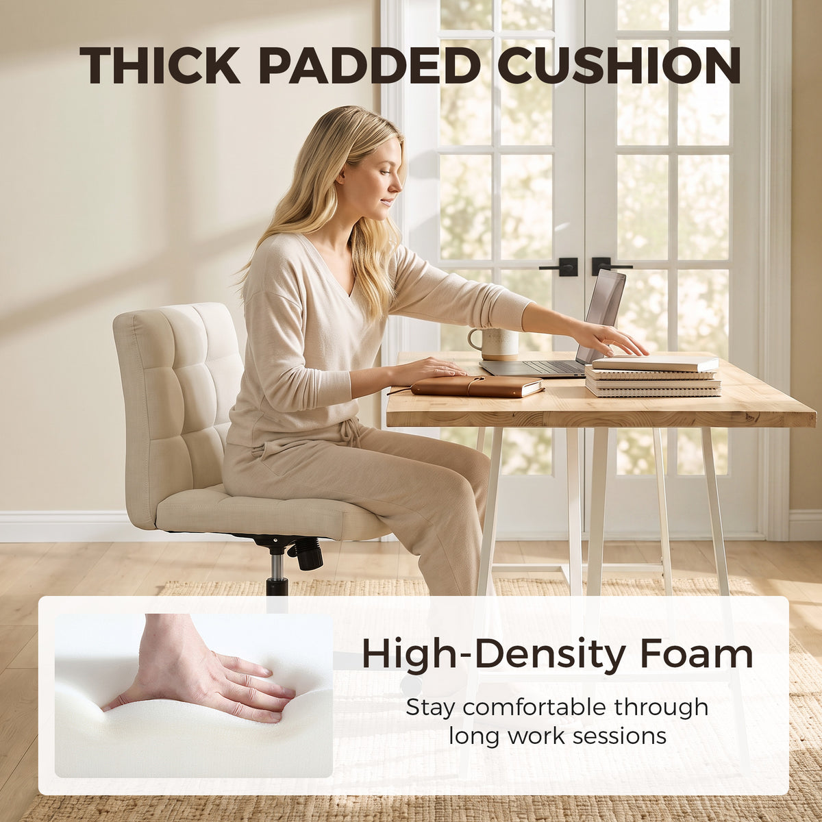 Armless Office Chair, Cross Legged Linen Computer Desk Vanity Chair with Wide Seat, Rocking Function, Swivel, Adjustable Height for Home Office, Study, Bedroom, Makeup, Beige
