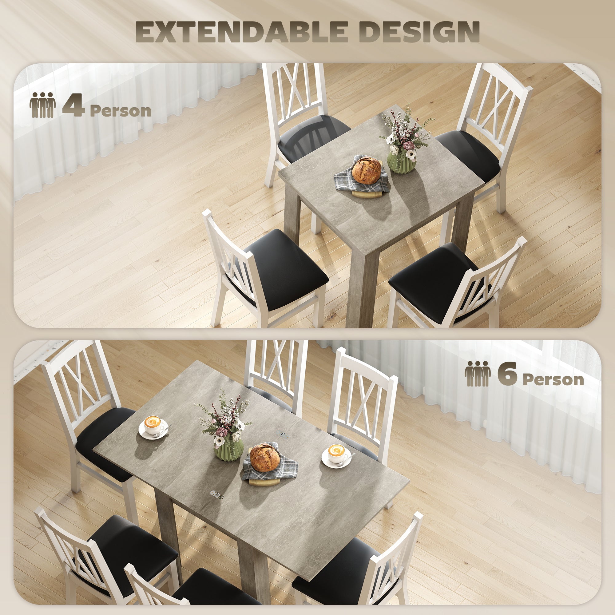 Folding Dining Table for 4-6, Rectangular Extendable Drop Leaf Table for Small Spaces, Dining Room, Kitchen, 140 x 80 x 77.5 cm, Grey
