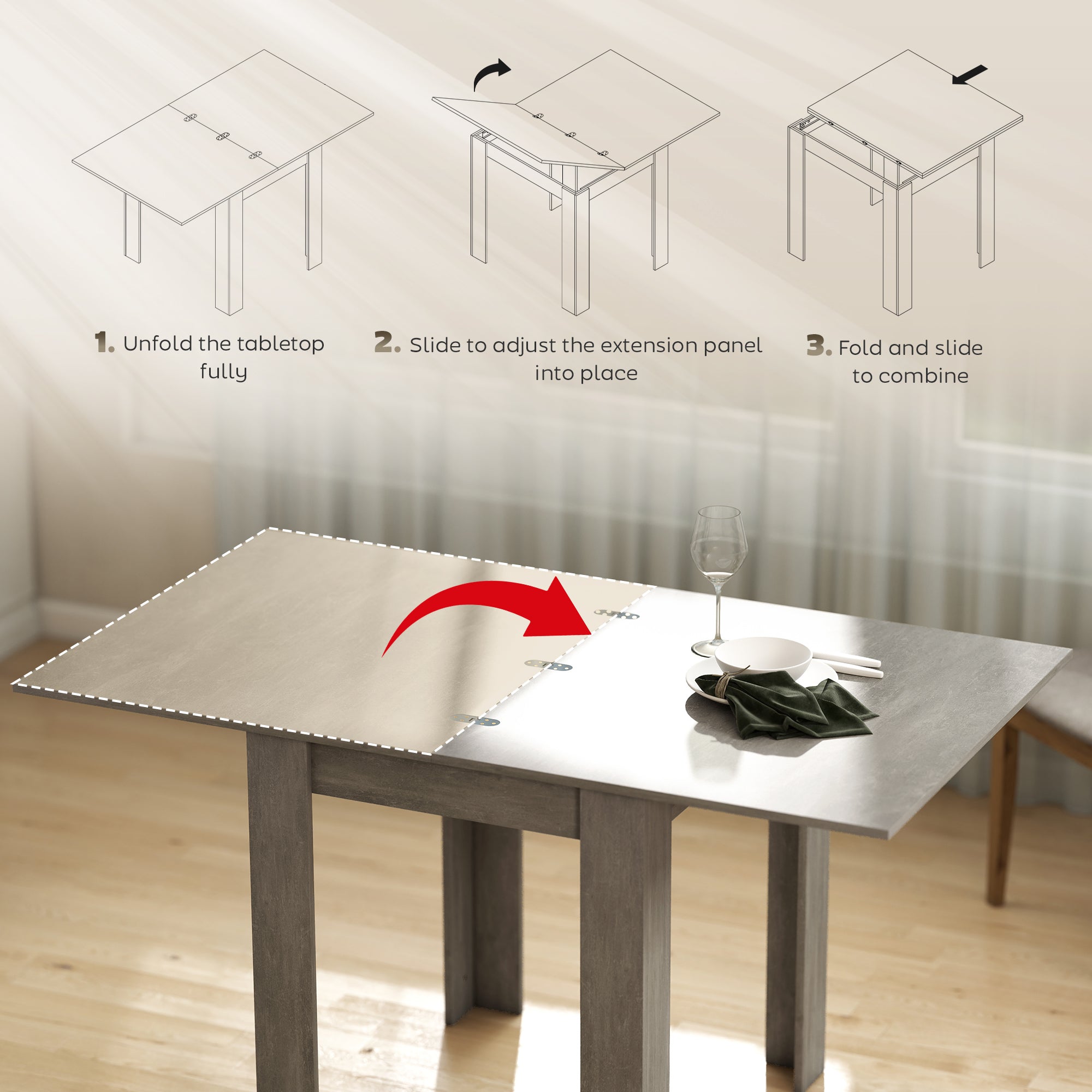 Folding Dining Table for 4-6, Rectangular Extendable Drop Leaf Table for Small Spaces, Dining Room, Kitchen, 140 x 80 x 77.5 cm, Grey