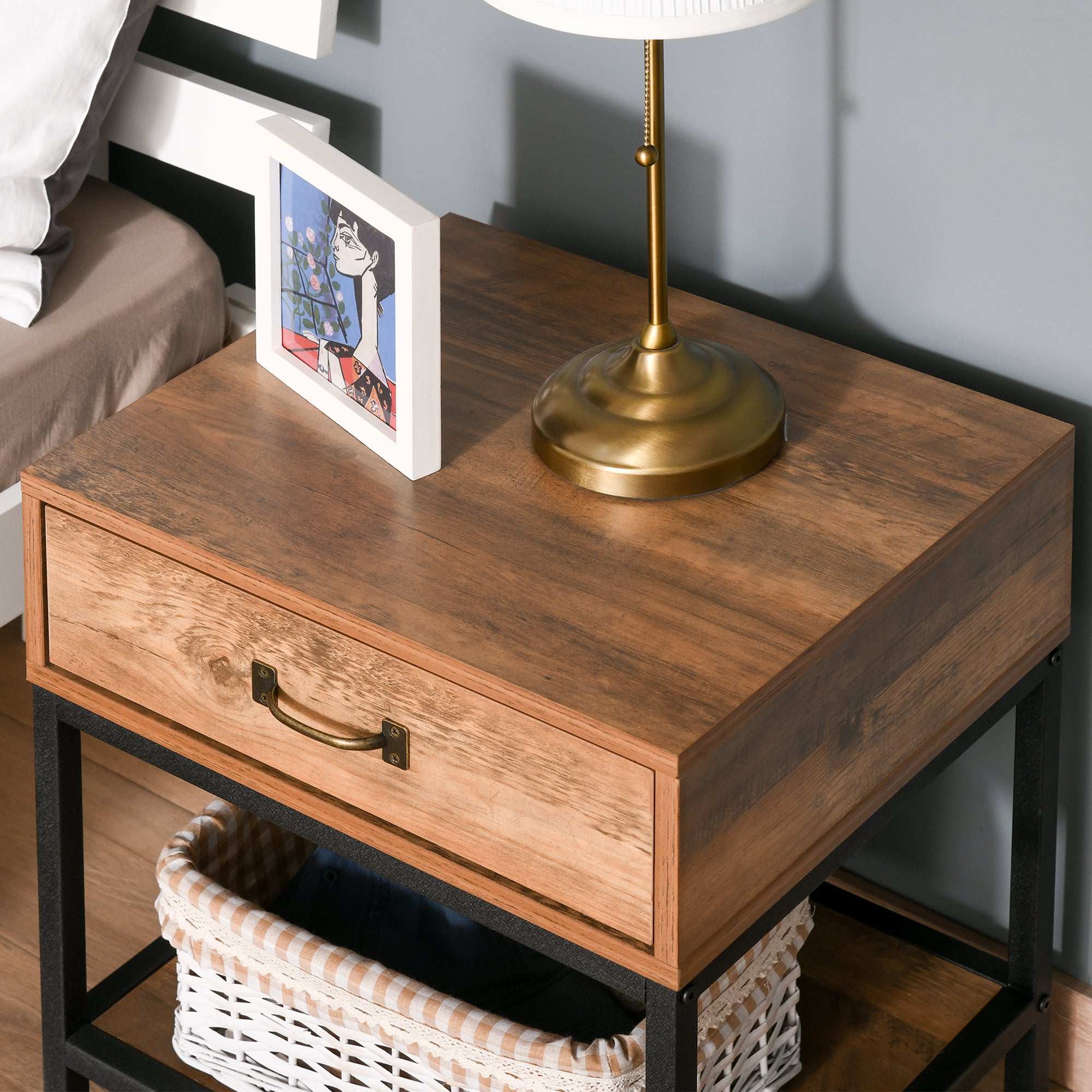 HOMCOM Industrial Bedside Table with Drawer and Storage Shelf, Nightstand with Metal Base, Sofa End Table for Bedroom, Teak