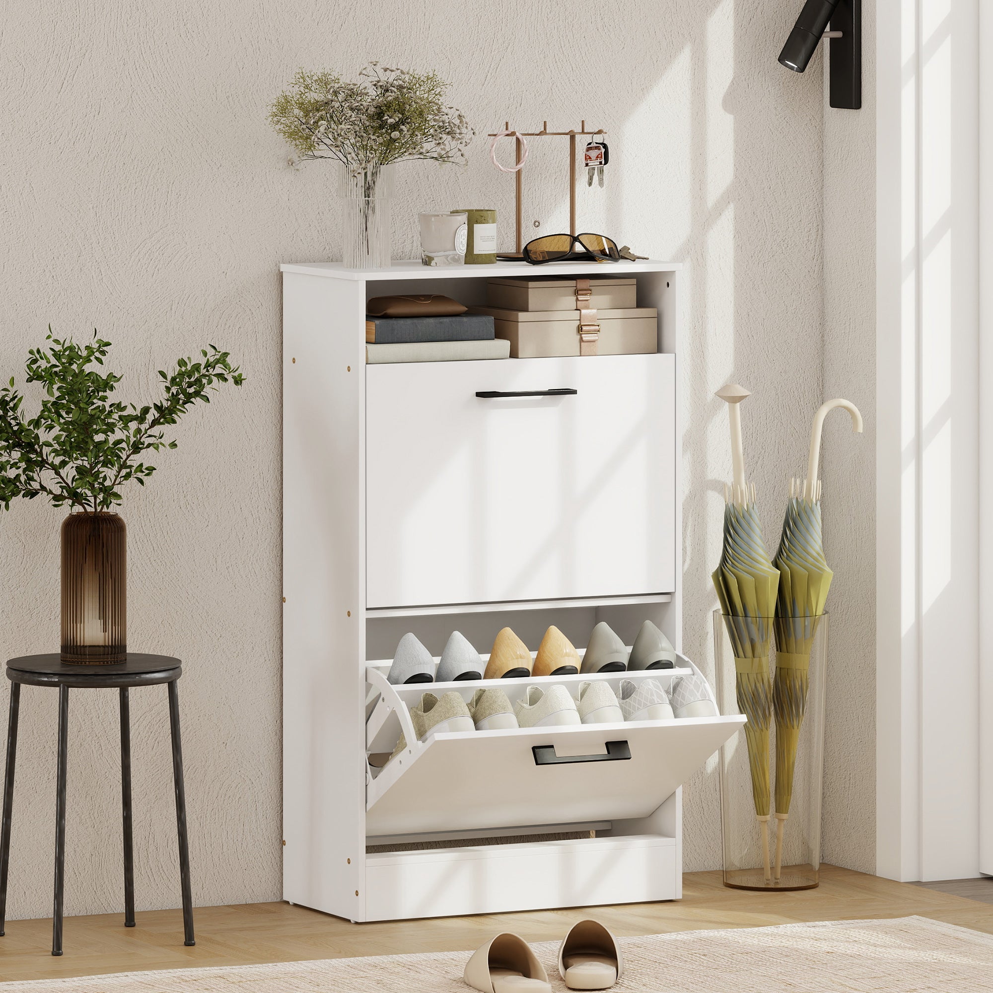 Shoe Cabinet with 2 Flip Drawers and Open Shelf, Narrow Shoe Storage Cabinet with Adjustable Dividers, Entryway Shoe Storage Unit for up to 12 Pairs for Hallway, White