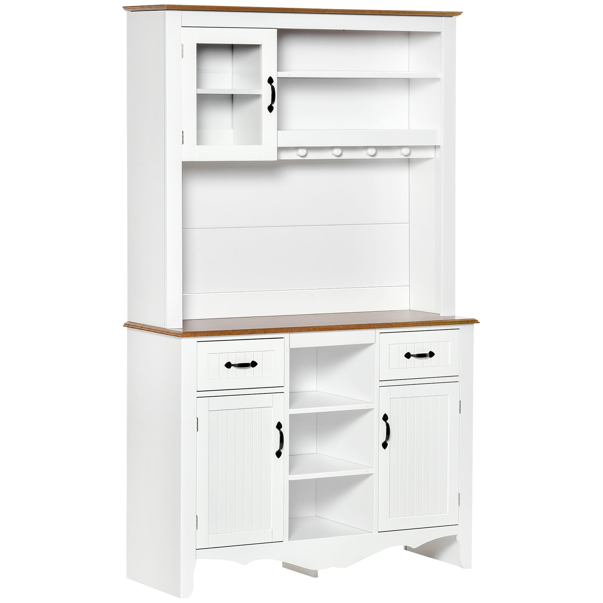 HOMCOM 71" Kitchen Pantry, Buffet with Hutch, Farmhouse Style Storage Cupboard with Utility Drawer, 3 Door Cabinets and 5-tier Shelves, White