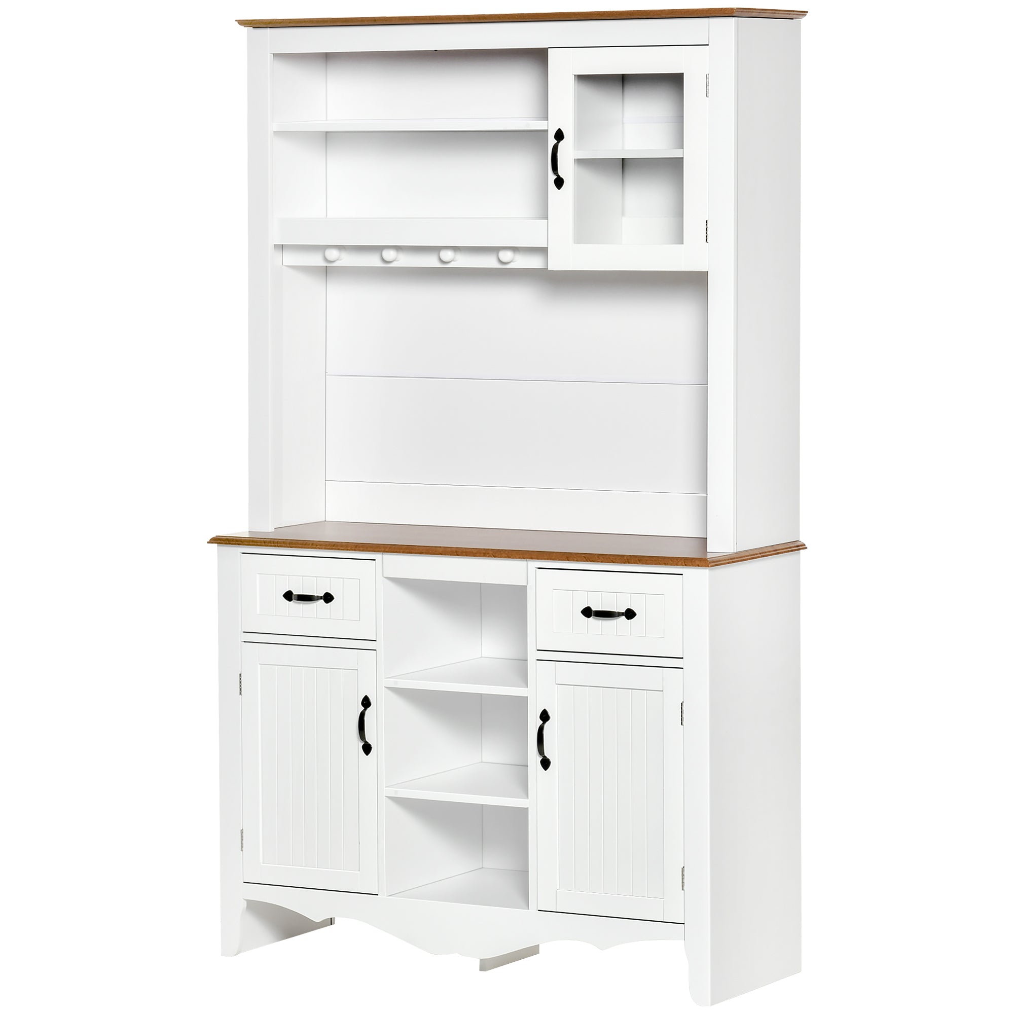 HOMCOM 71" Kitchen Pantry, Buffet with Hutch, Farmhouse Style Storage Cupboard with Utility Drawer, 3 Door Cabinets and 5-tier Shelves, White