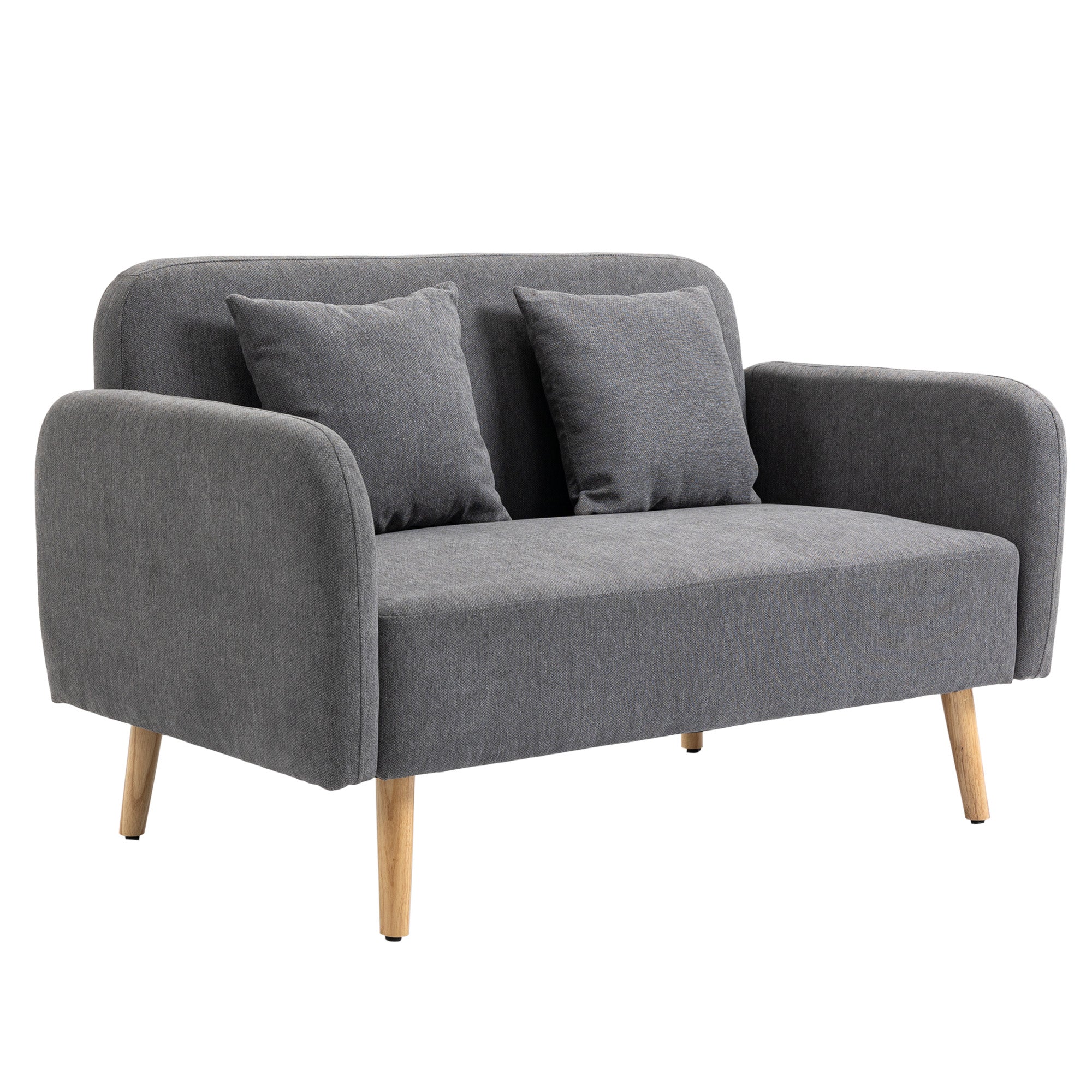 HOMCOM 2 Seater Sofa, Modern Fabric Loveseat Sofa, Small Couch with 2 Pillows, Armrest and Wood Legs for Living Room, Bedroom, Home Office, Grey