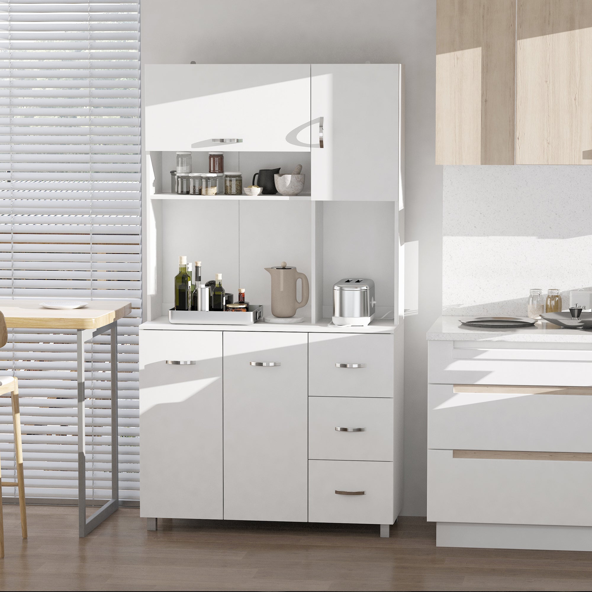 Kitchen Cupboard, 183cm Tall Storage Cabinet with Countertop, Sideboard with 3 Small Drawers, Flip Up Top Door, 3 Cabinet Doors and Open Shelves, 100W x 39.5D x 183.5H cm, White