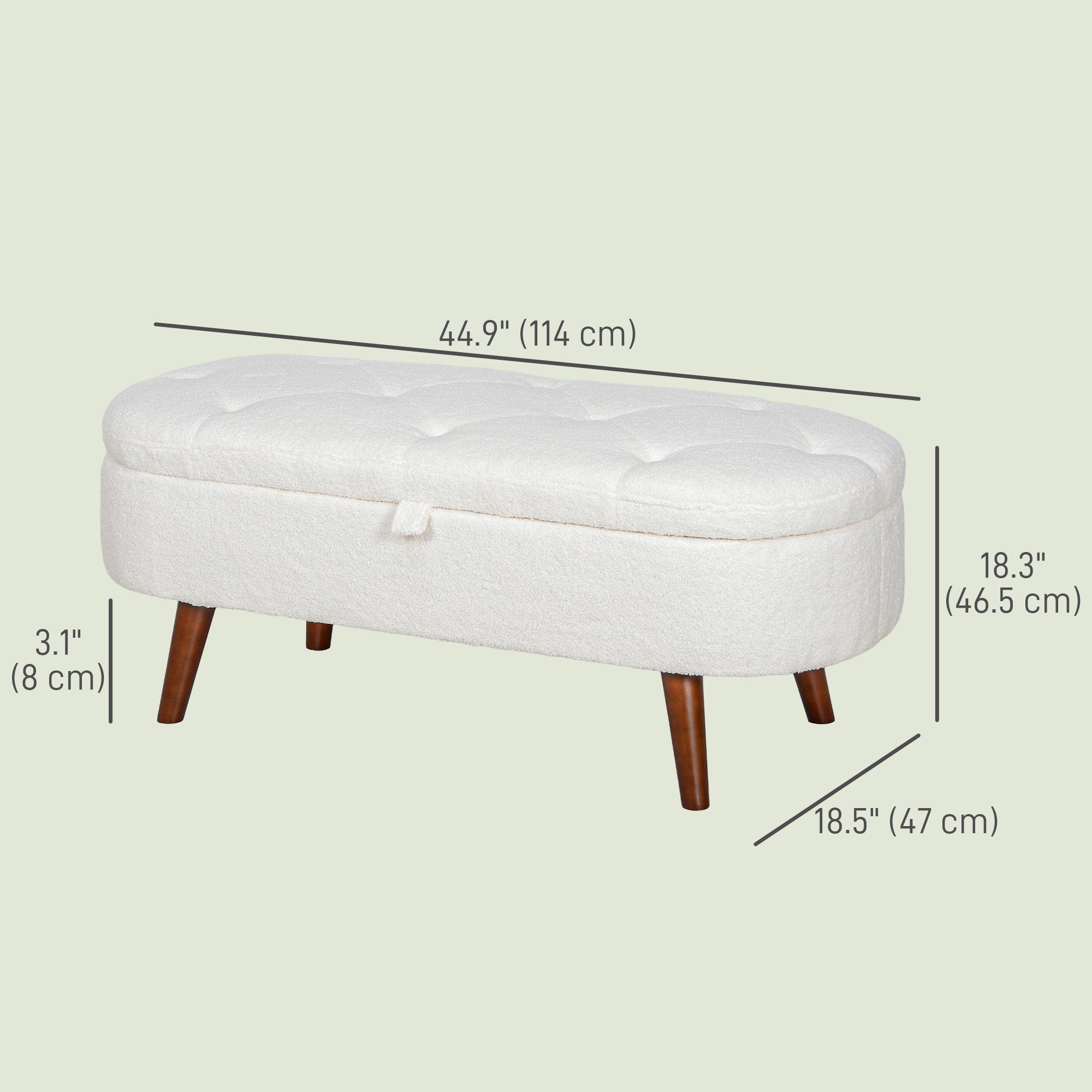 HOMCOM Boucle Storage Ottoman Bench, Tufted Teddy Fleece Bedroom Bench with Storage and Hinged Lid, 46 Inches Oval Foot Stool with Wood Legs for Living Room, White