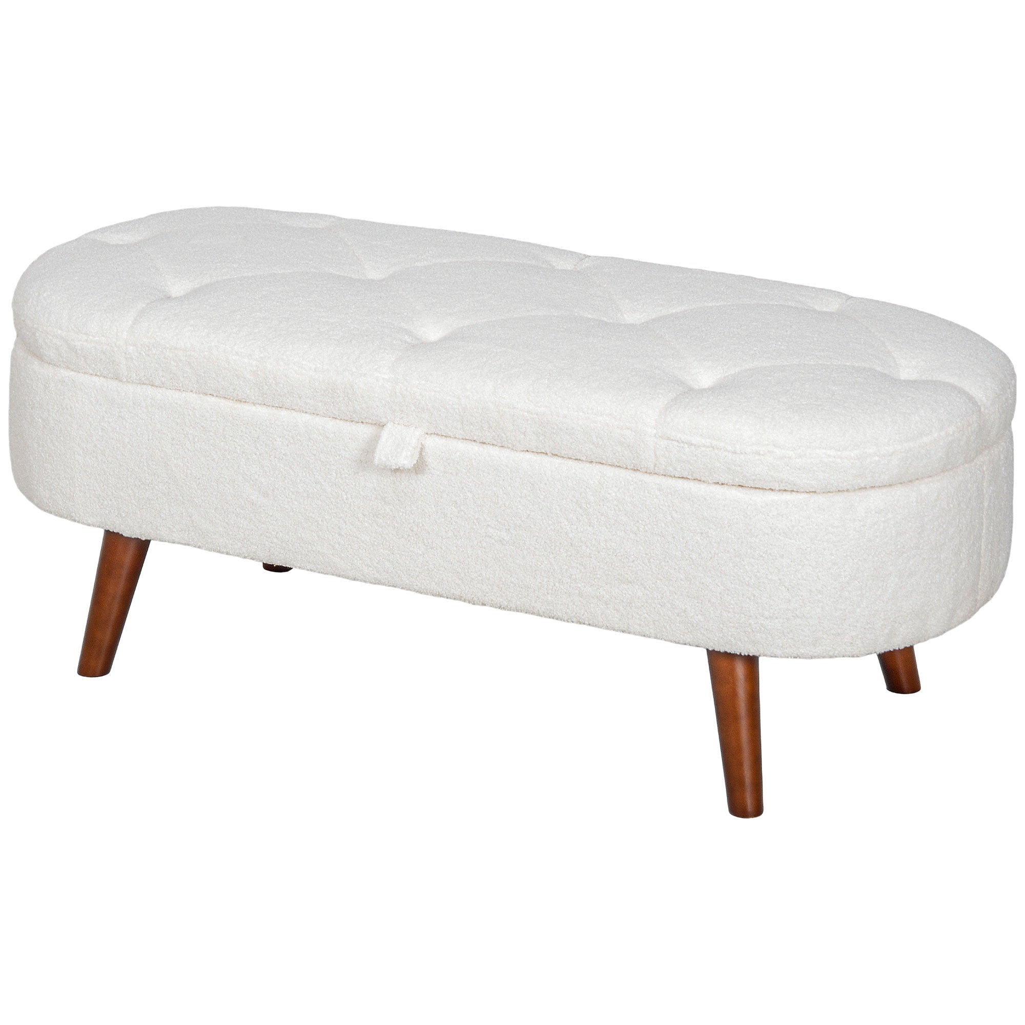 HOMCOM Boucle Storage Ottoman Bench, Tufted Teddy Fleece Bedroom Bench with Storage and Hinged Lid, 46 Inches Oval Foot Stool with Wood Legs for Living Room, White