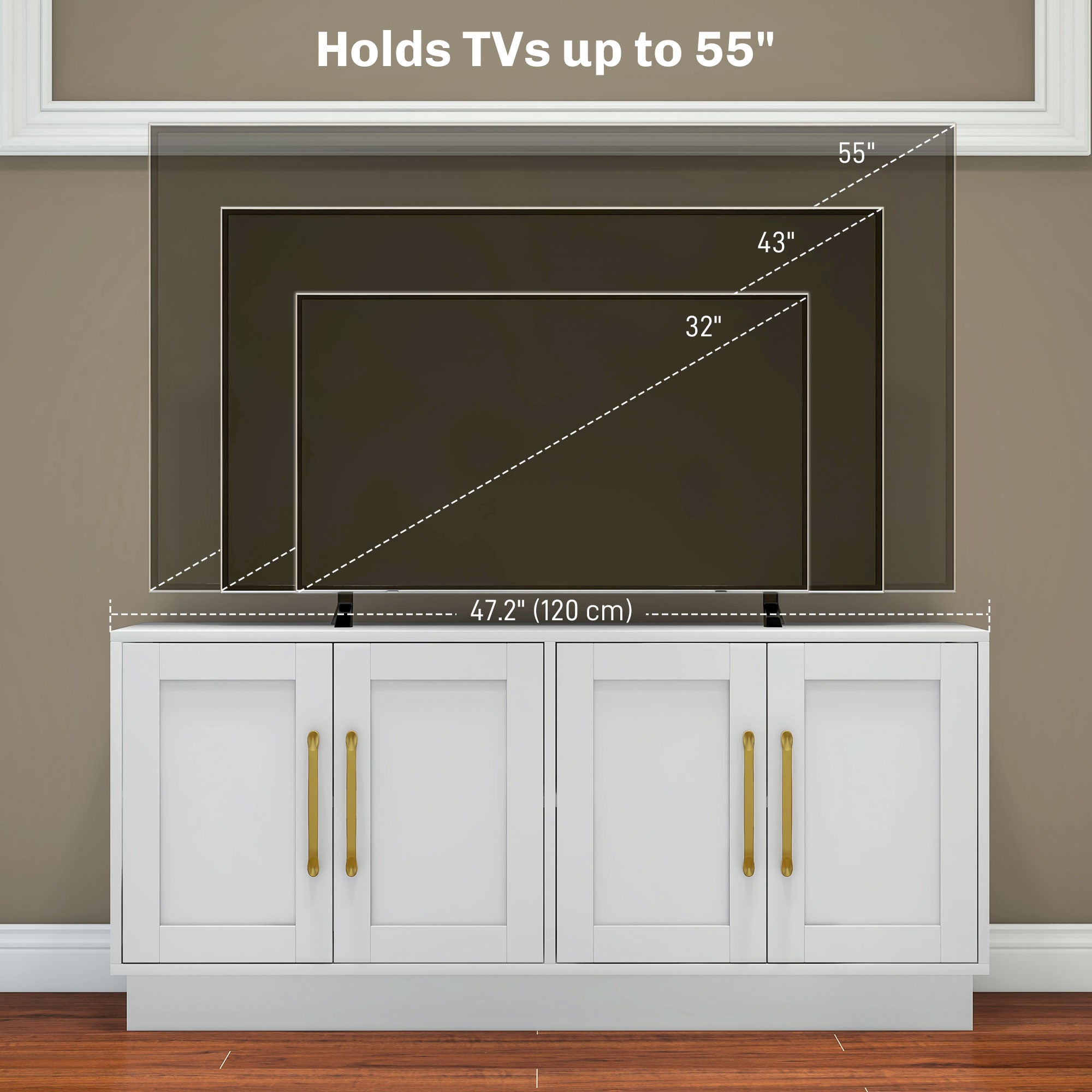 HOMCOM TV Stand for up to 55 Inch TV, Modern Entertainment Center with 4 Soft Hinged Doors, TV Console Table with 4 Cable Holes and 2 Adjustable Shelves for Living Room, White