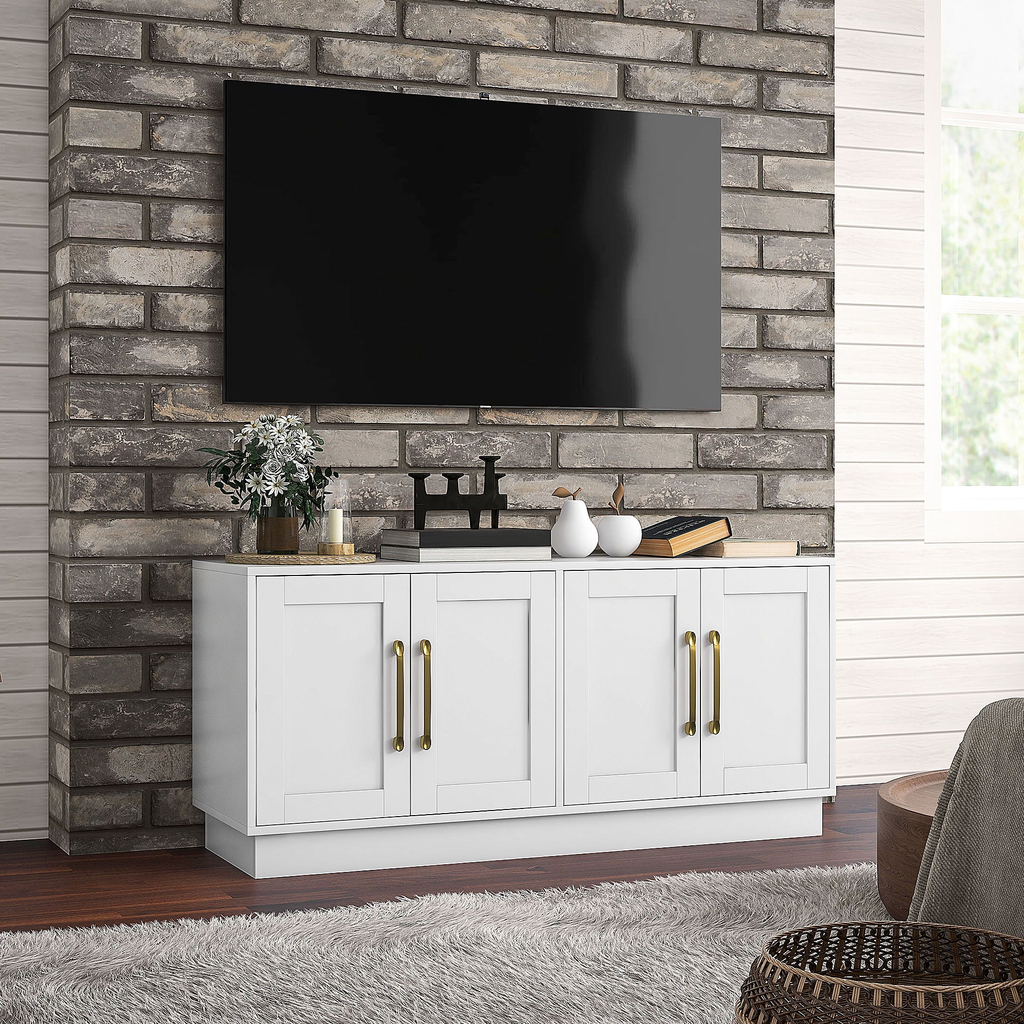 HOMCOM TV Stand for up to 55 Inch TV, Modern Entertainment Center with 4 Soft Hinged Doors, TV Console Table with 4 Cable Holes and 2 Adjustable Shelves for Living Room, White