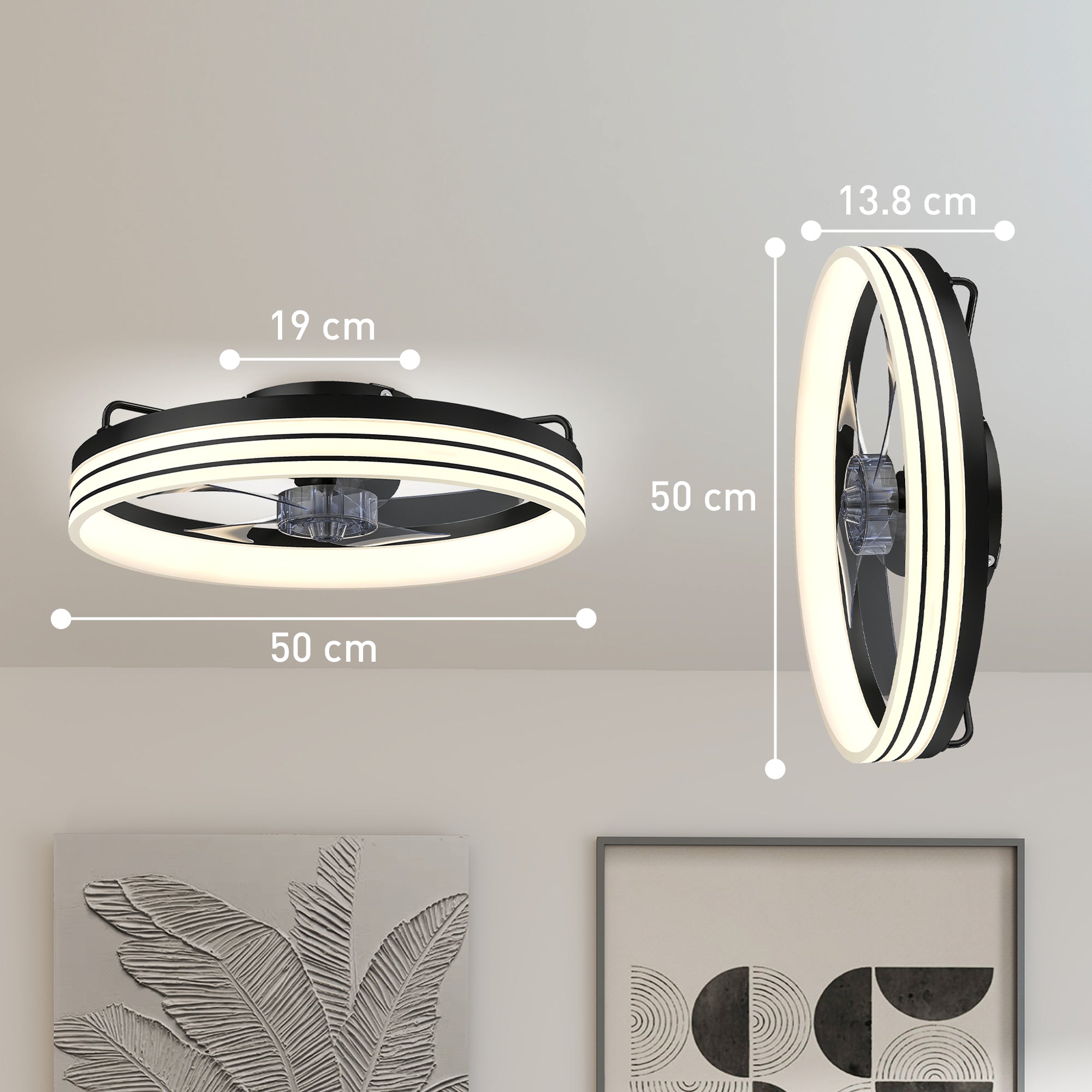 Ceiling Fans with Lights and Remote & App Control, 50 cm Modern LED Ceiling Fan Light with 3 Colour Temperatures, 6 Speed, Timer, Dimmable, Quiet Reversible DC Motor, for Bedroom, Study, Black