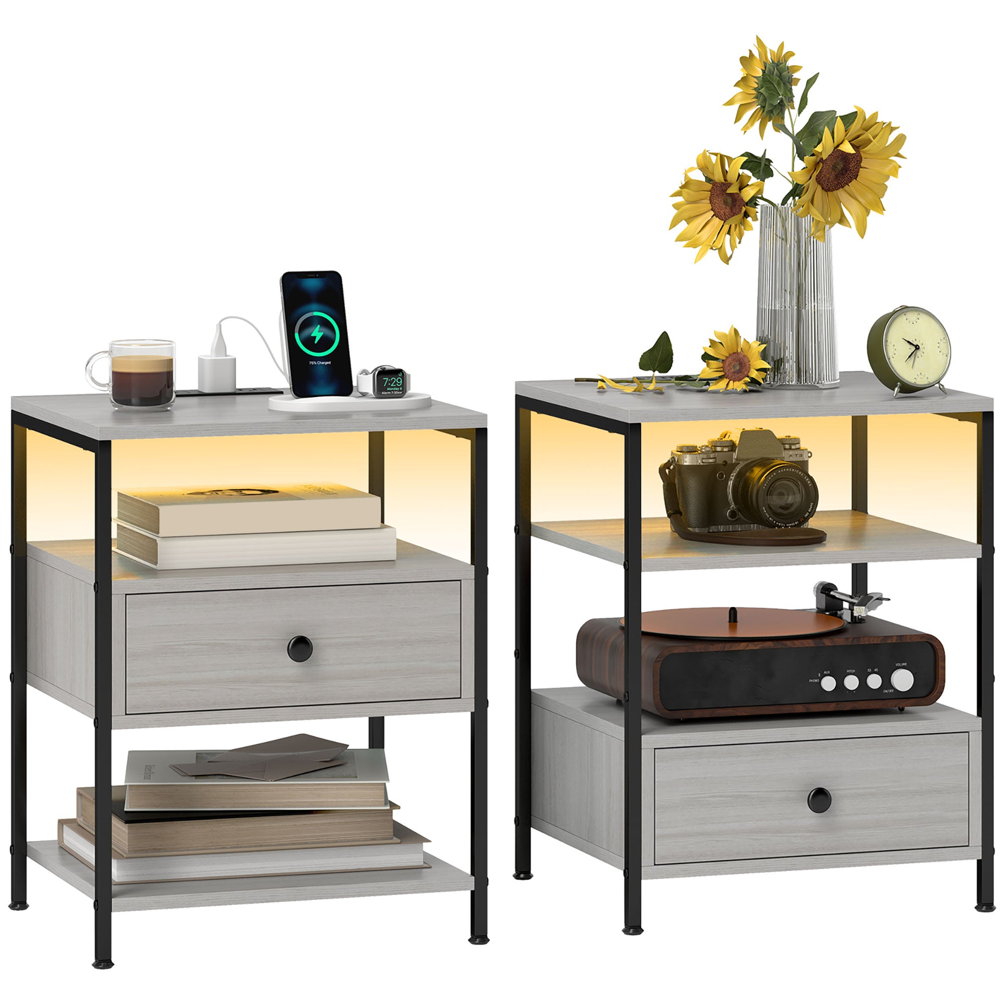 Set of 2 Side Tables with Drawer, Charging Stations and LED Lights, Gray