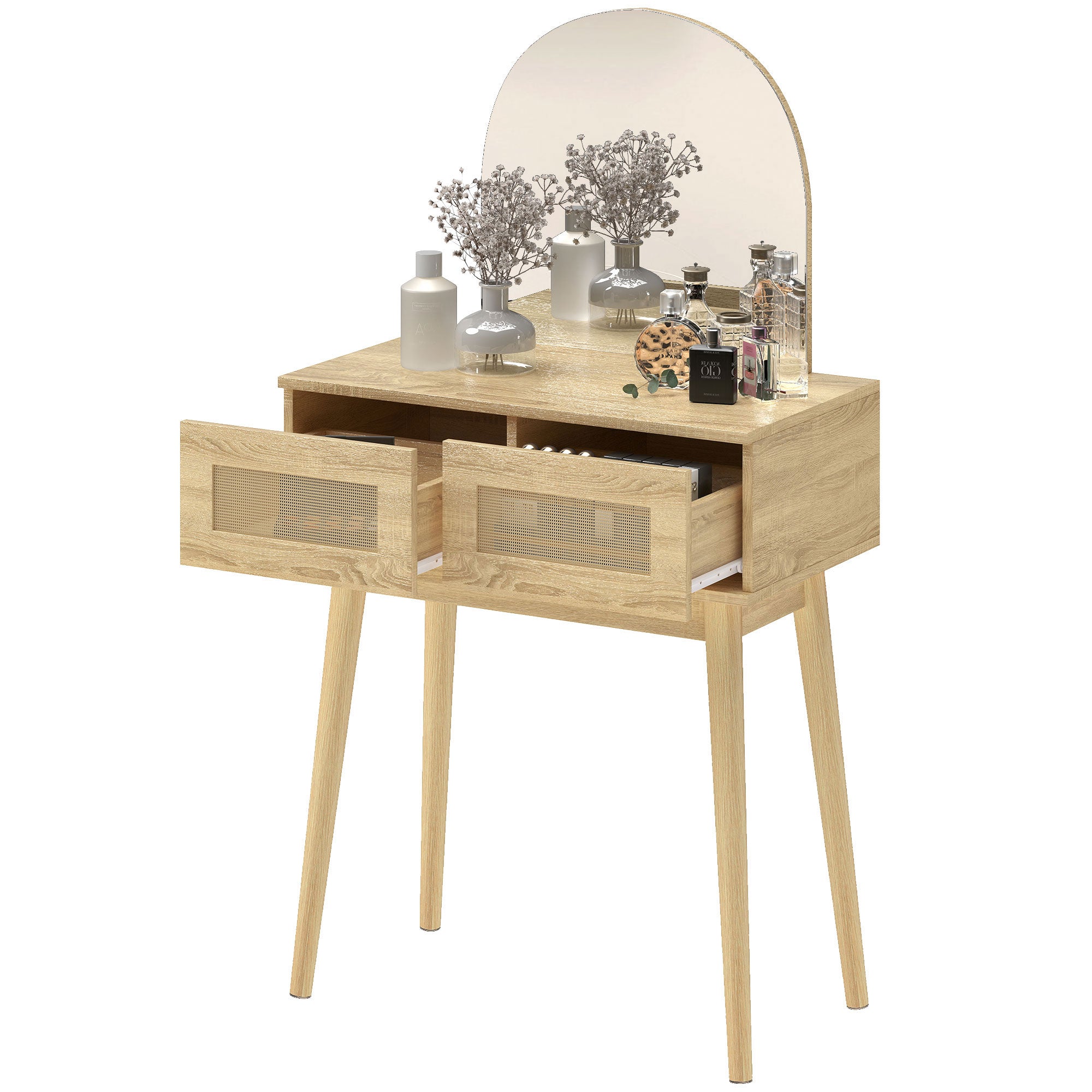 Dressing Table with Arched Mirror, Modern Compact Vanity Desk with 2 Drawers, Makeup Desk for Bedroom, Small Spaces, Women and Girls, Natural Wood Finish