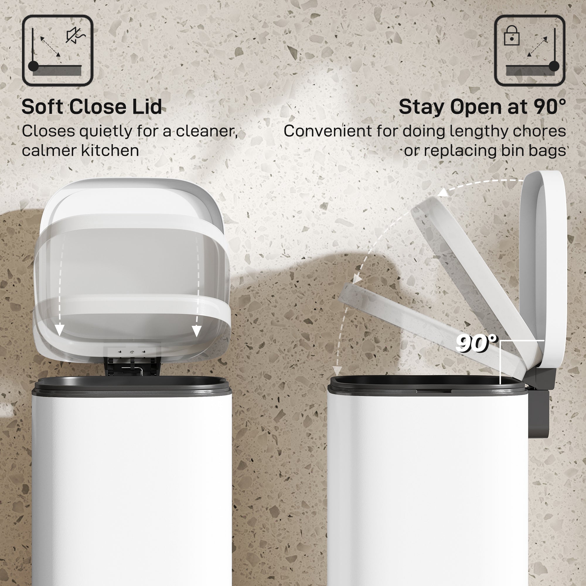 30L Kitchen Bin with Lid, Compact Pedal Bin with Soft-Close and Stay-Open Lid, Removable Inner Bucket, Fingerprint-Resistant for Kitchen, Home, Office, Bedroom, White