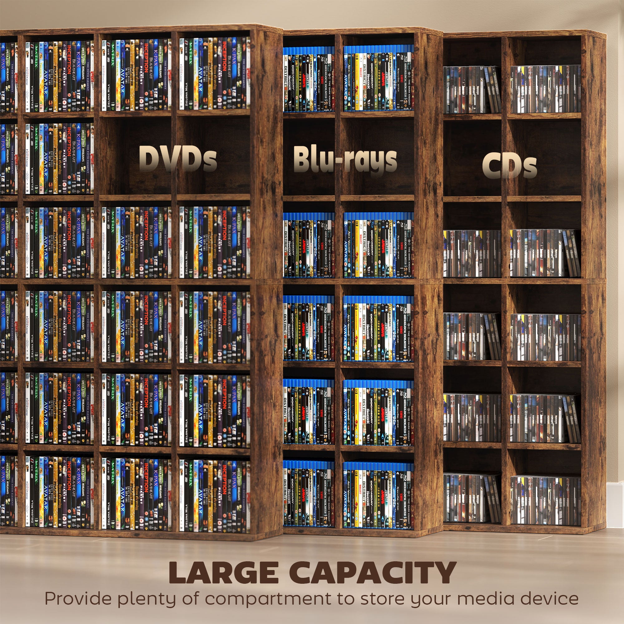 456 CD/ 336 DVD Storage Unit, Media Storage Shelf, Wooden Display Unit with Adjustable Shelves, 89 x 130.5 cm, Rustic Brown