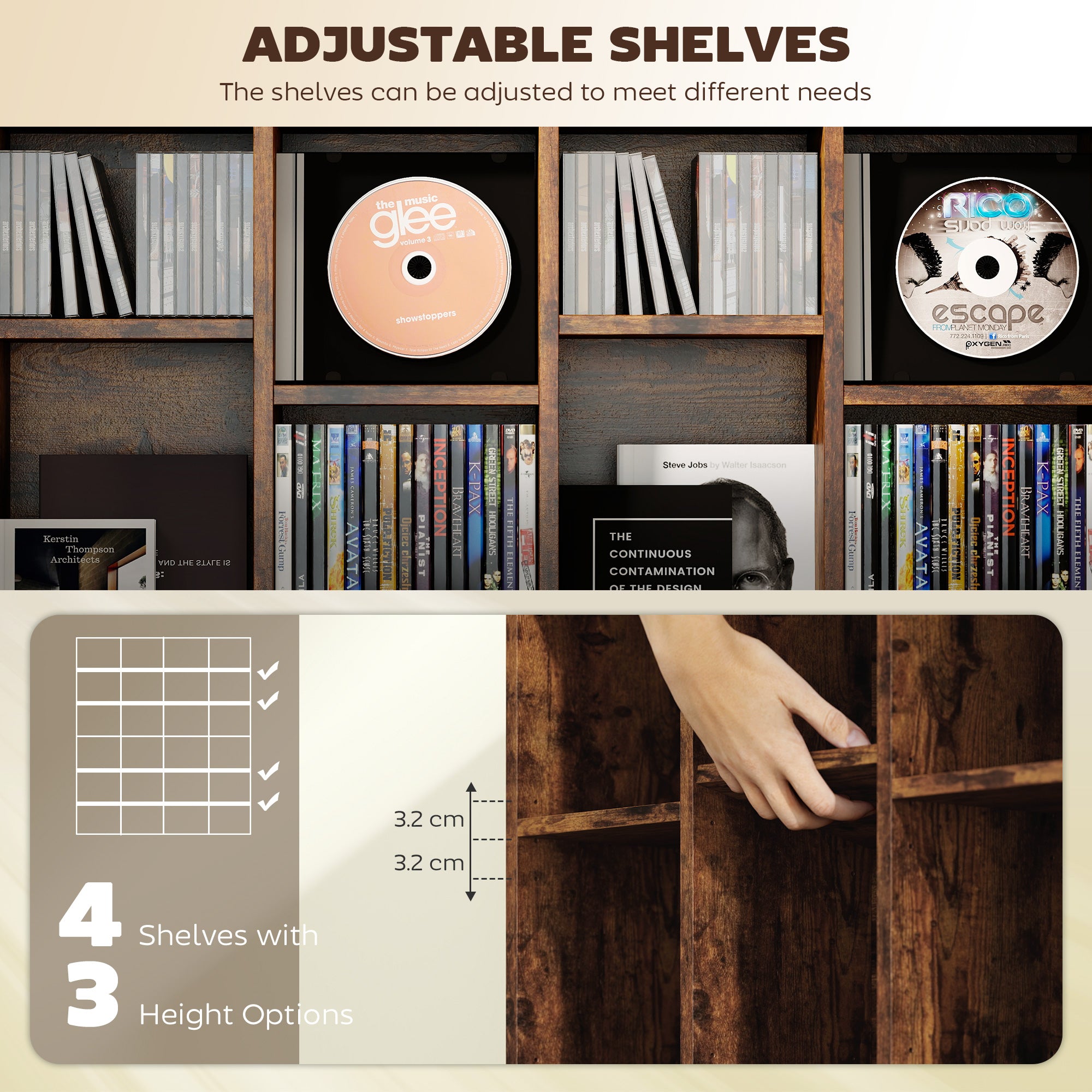 456 CD/ 336 DVD Storage Unit, Media Storage Shelf, Wooden Display Unit with Adjustable Shelves, 89 x 130.5 cm, Rustic Brown