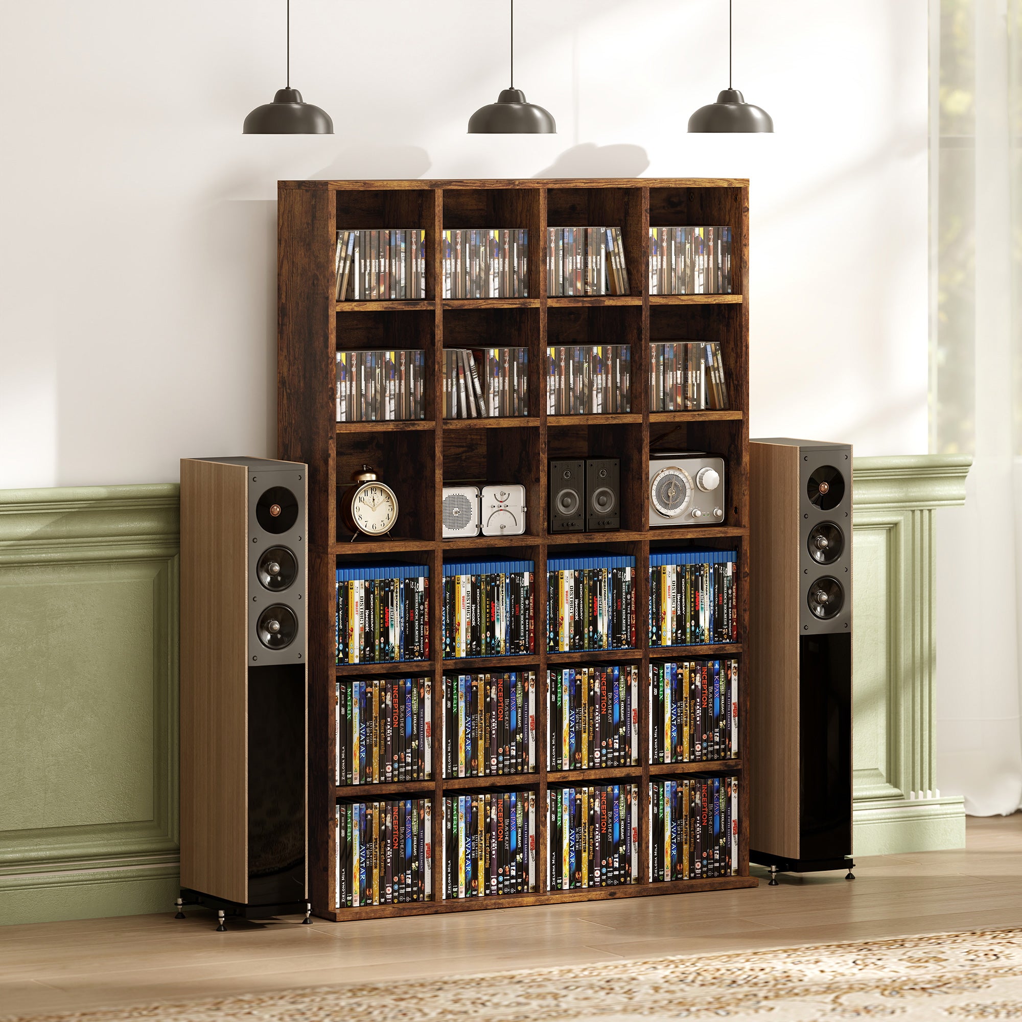 456 CD/ 336 DVD Storage Unit, Media Storage Shelf, Wooden Display Unit with Adjustable Shelves, 89 x 130.5 cm, Rustic Brown