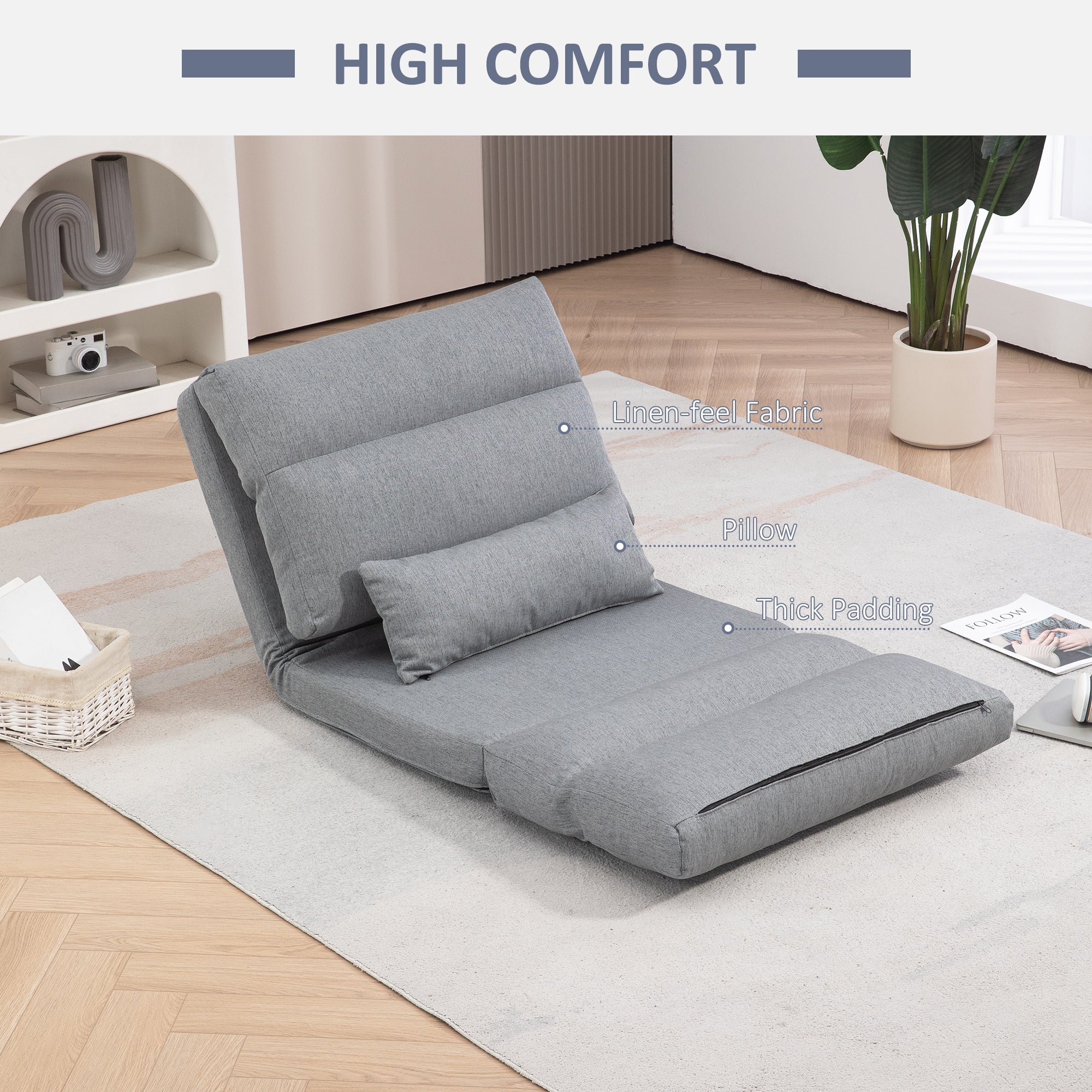 Floor Chair for Adults Sofa Bed with 6 Position Adjustable Backrest Pillow for Reading Gaming Gray