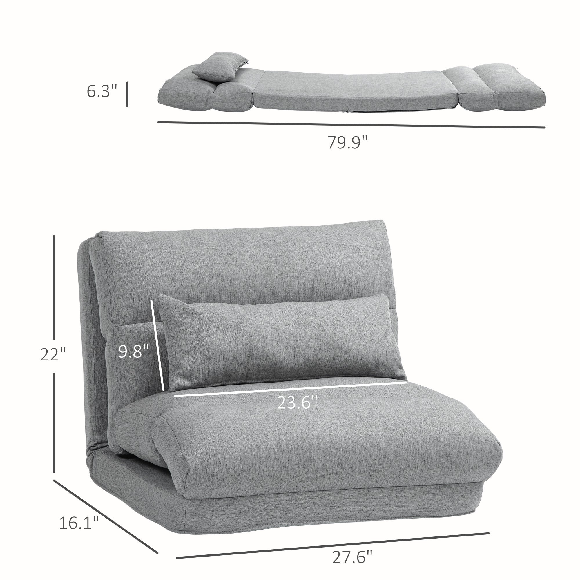 Floor Chair for Adults Sofa Bed with 6 Position Adjustable Backrest Pillow for Reading Gaming Gray