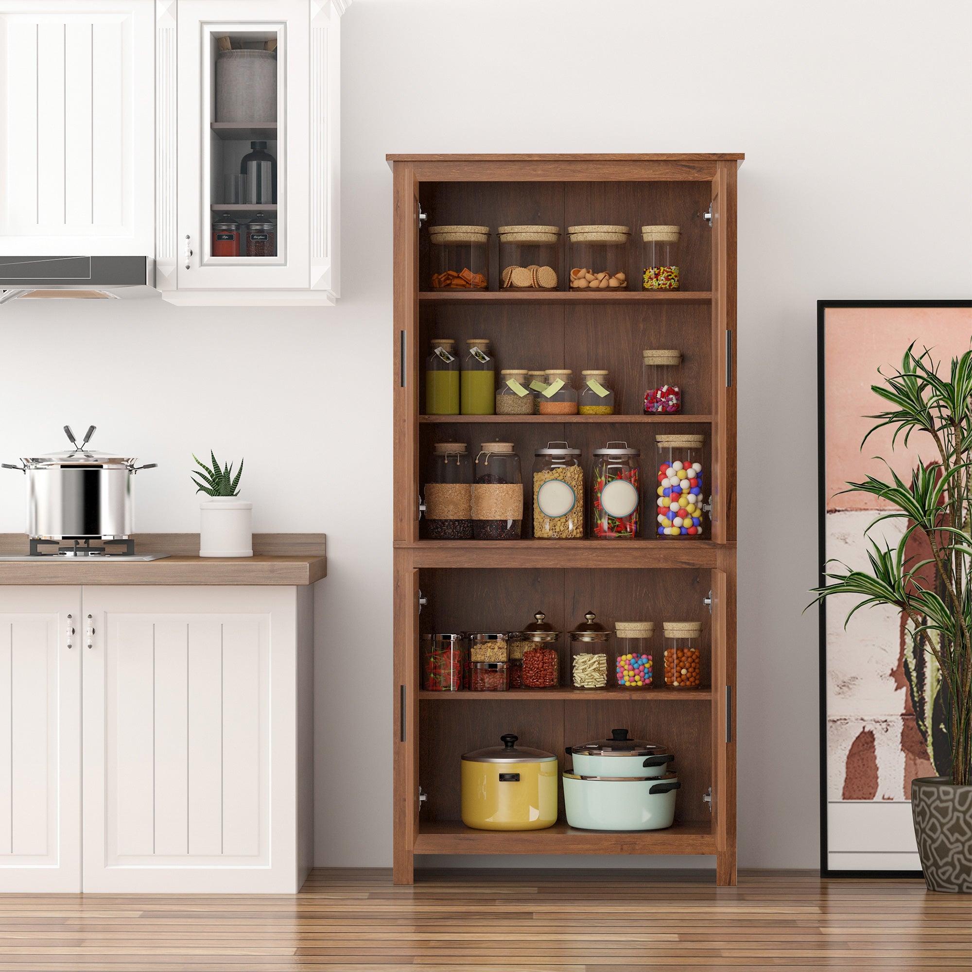 64" Kitchen Pantry Cabinet, Freestanding Storage Cabinet with 4 Doors and 3 Adjustable Shelves for Dining Room, Oak