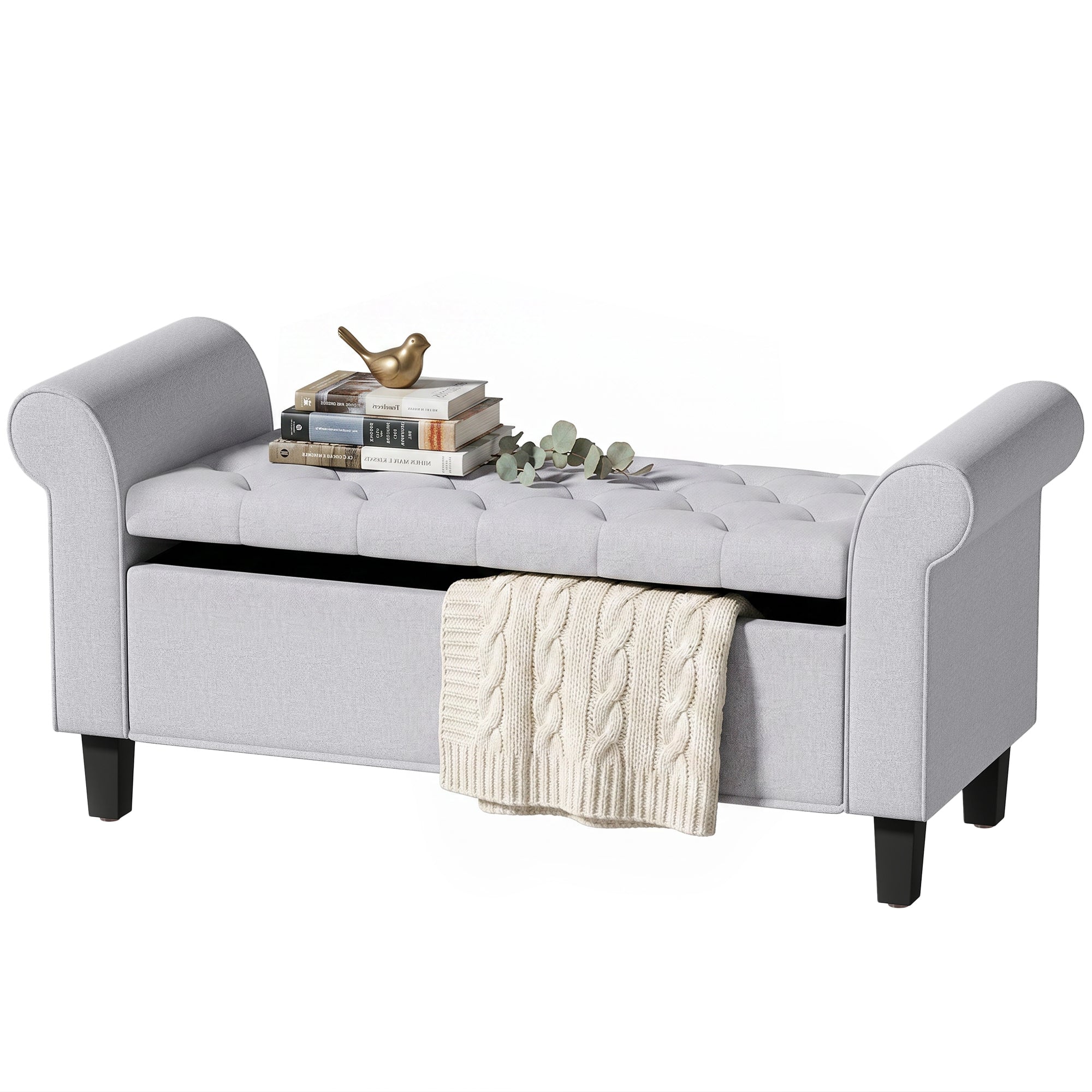 47" Storage Ottoman Bench, Tufted Long Ottoman with Storage Chest, Rolled Arms, Safety Hinge, Wooden Legs, Upholstered End of Bed Bench, 528 lbs for Bedroom, Entryway, Living Room, Light Gray