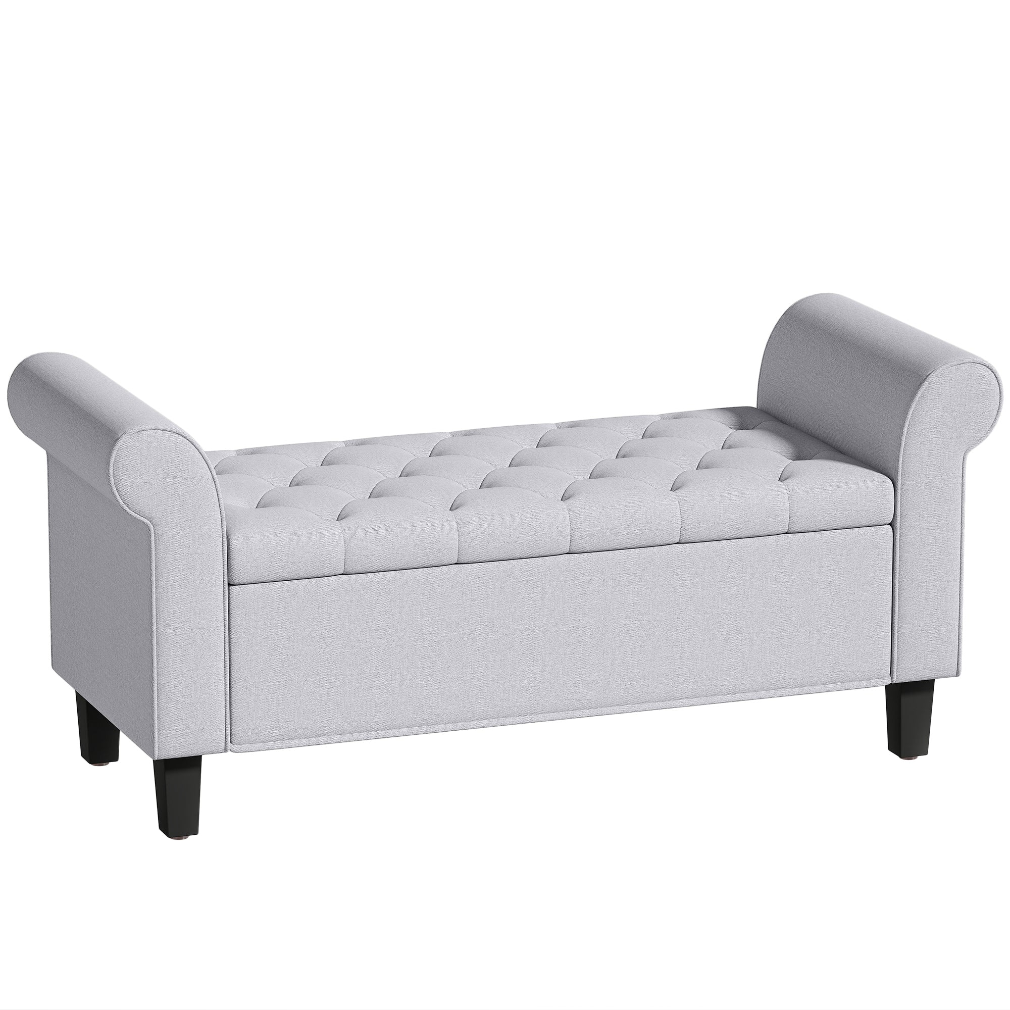 47" Storage Ottoman Bench, Tufted Long Ottoman with Storage Chest, Rolled Arms, Safety Hinge, Wooden Legs, Upholstered End of Bed Bench, 528 lbs for Bedroom, Entryway, Living Room, Light Gray