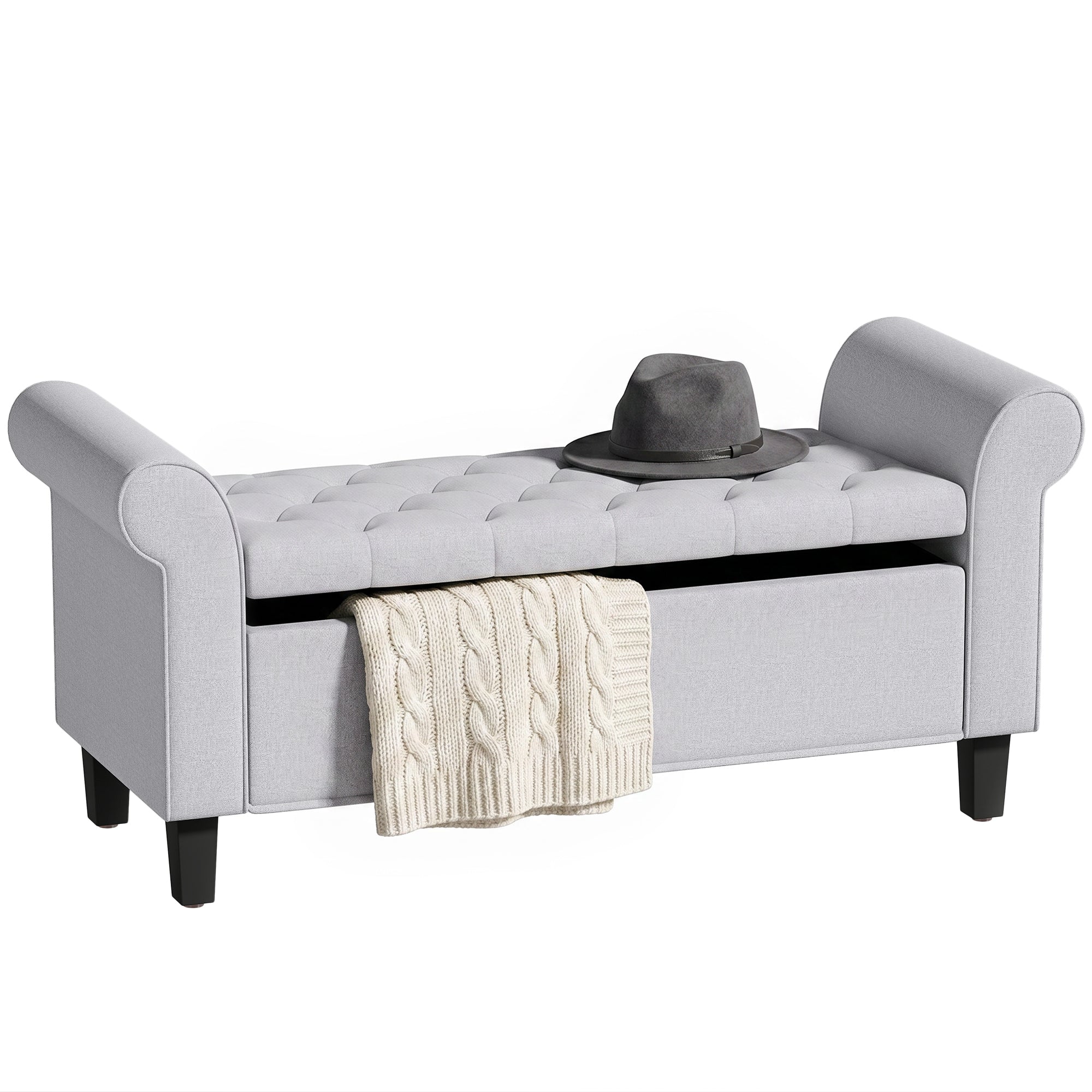 47" Storage Ottoman Bench, Tufted Long Ottoman with Storage Chest, Rolled Arms, Safety Hinge, Wooden Legs, Upholstered End of Bed Bench, 528 lbs for Bedroom, Entryway, Living Room, Light Gray