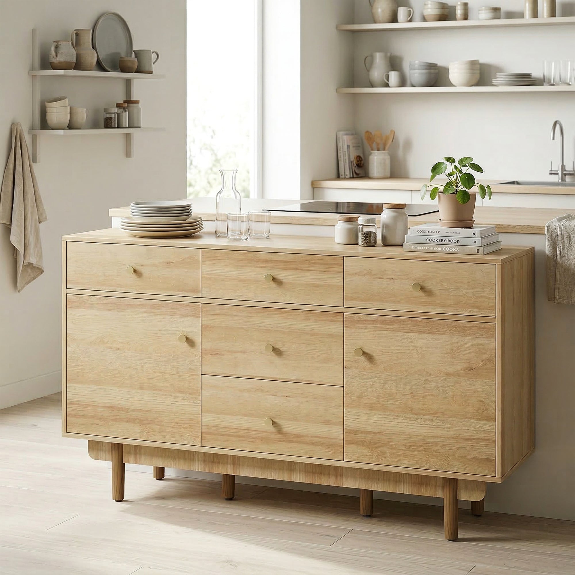 Modern Sideboard, Buffet Cabinet, Storage Cupboards with Adjustable Shelf, 5 Drawers and 2 Cabinets, 136 x 38 x 80 cm, for Living Room, Kitchen, Dining Room