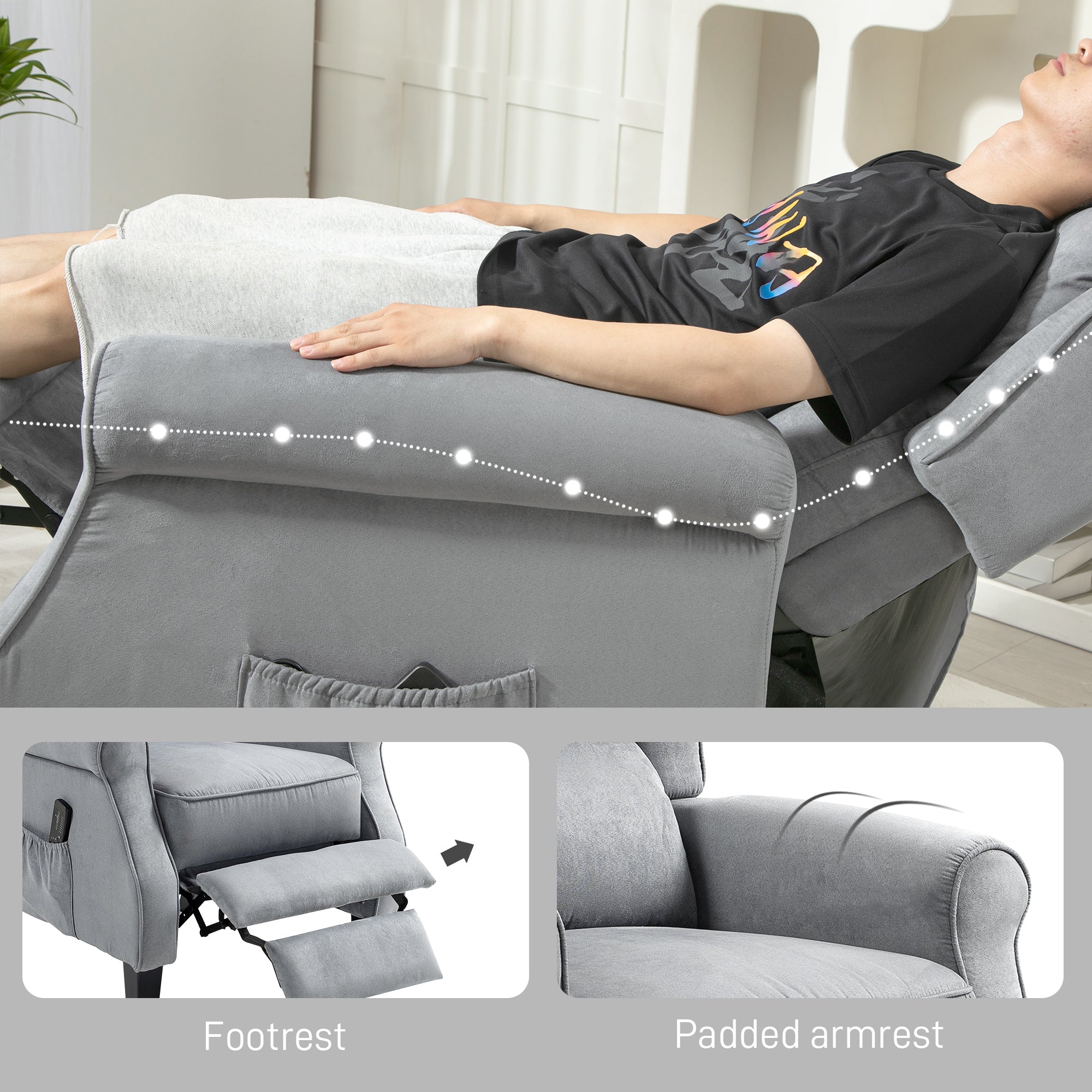 HOMCOM Massage Recliner Chair for Living Room, Push Back Recliner Sofa, Wingback Reclining Chair with Extendable Footrest, Remote Control, Side Pockets, Grey