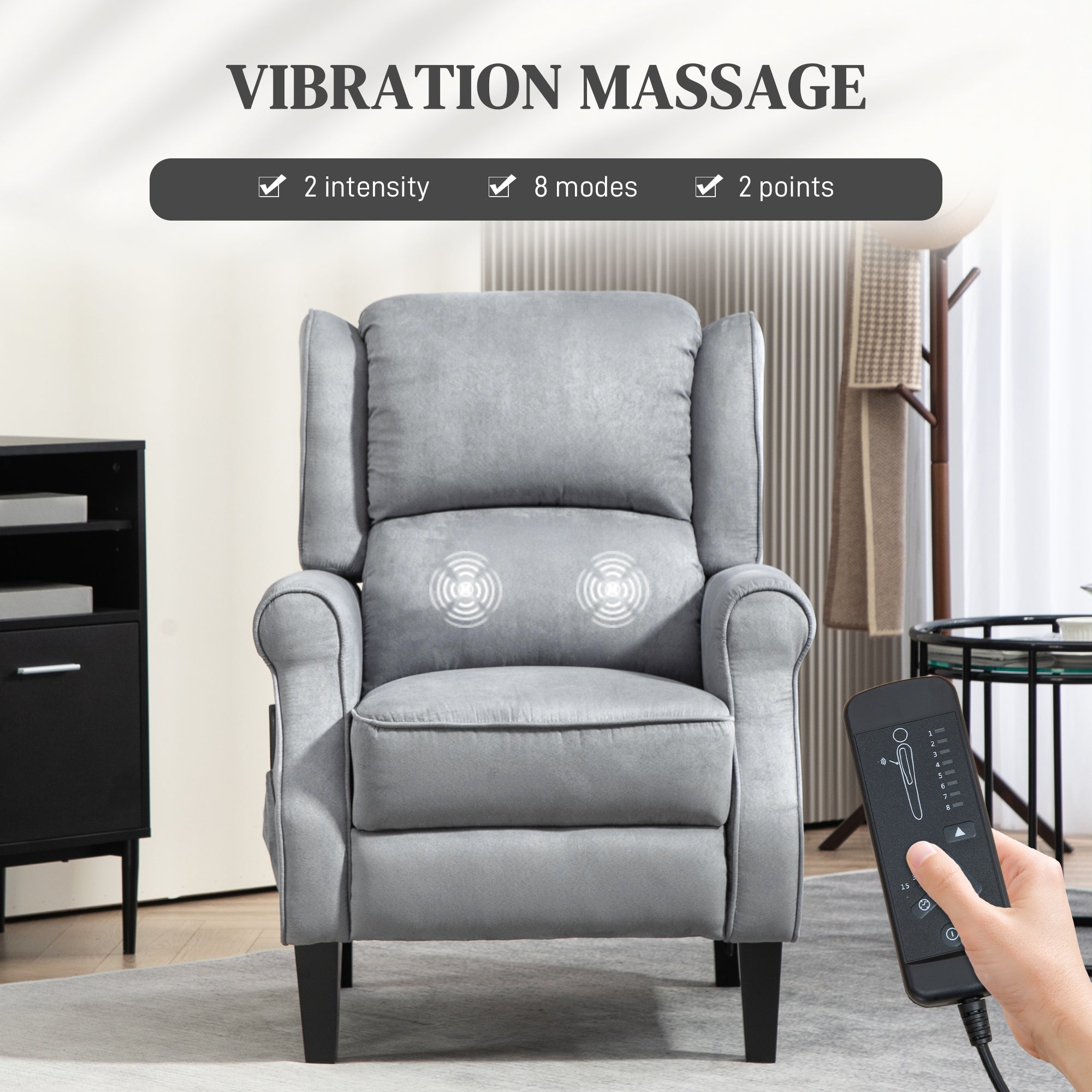 HOMCOM Massage Recliner Chair for Living Room, Push Back Recliner Sofa, Wingback Reclining Chair with Extendable Footrest, Remote Control, Side Pockets, Grey
