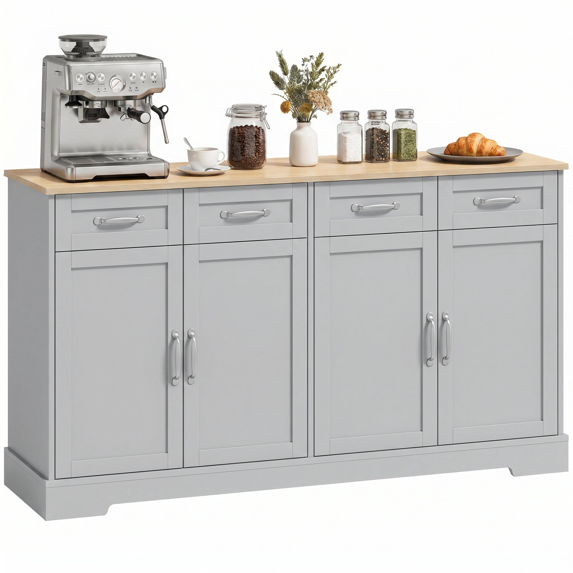 Sideboard Buffet Cabinet, 140 cm Modern Farmhouse Kitchen Storage Cabinet with 4 Drawers, 4 Doors and 2 Adjustable Shelves, Coffee Bar Station, Grey
