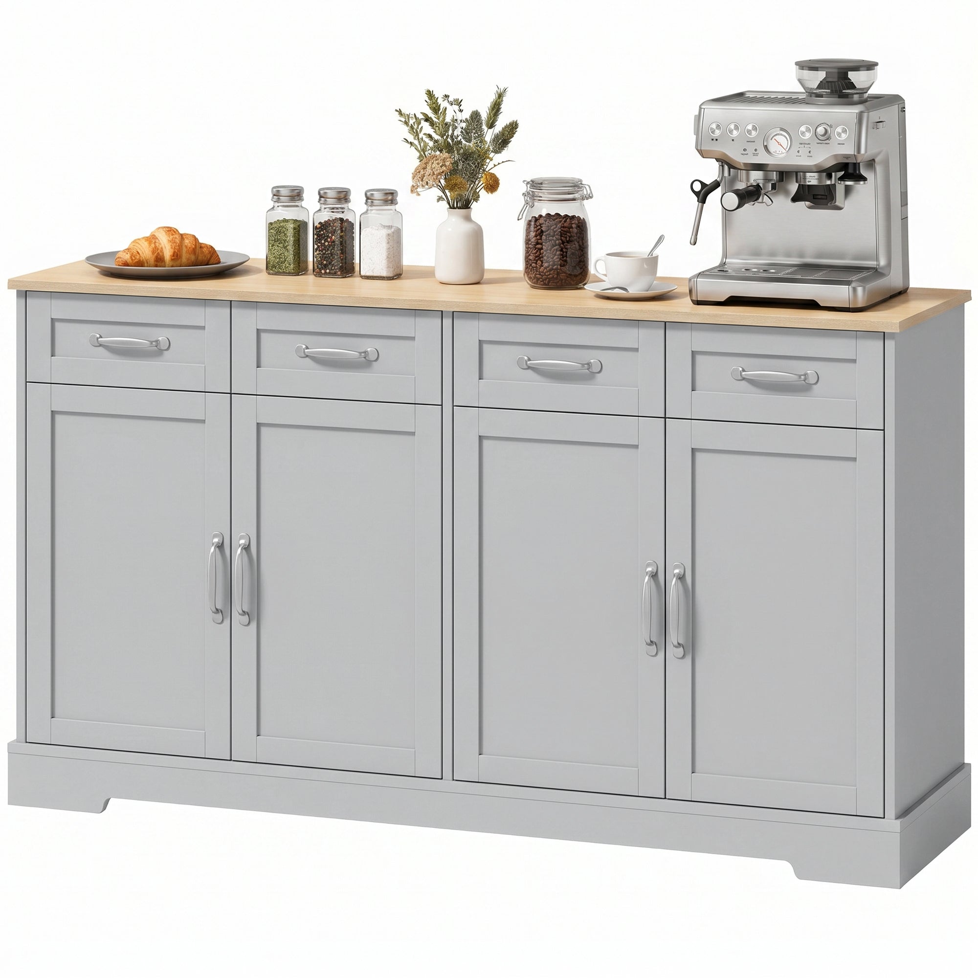 Sideboard Buffet Cabinet, 140 cm Modern Farmhouse Kitchen Storage Cabinet with 4 Drawers, 4 Doors and 2 Adjustable Shelves, Coffee Bar Station, Grey