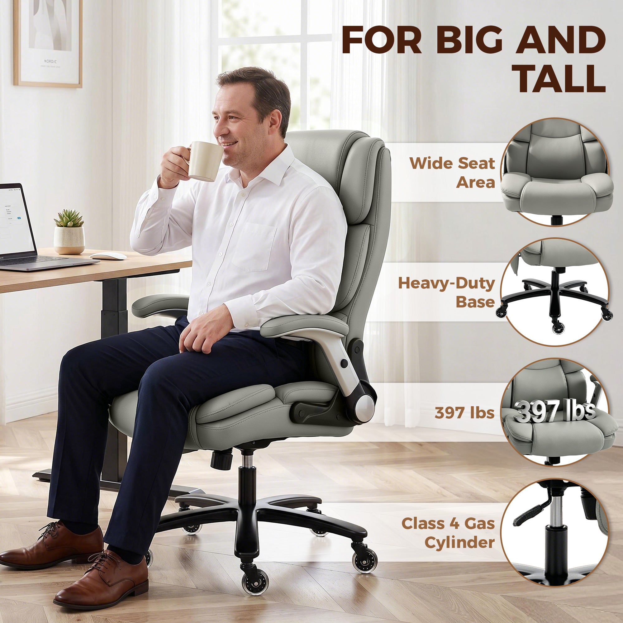 Heavy Duty Office Chair 400LBS with Airbag Lumbar Support, Pet-Friendly Fabric, Big and Tall Desk Chair with Flip-Up Armrests, Pocket Springs, Class 4 Gas Cylinder, Wide Seat, Light Gray