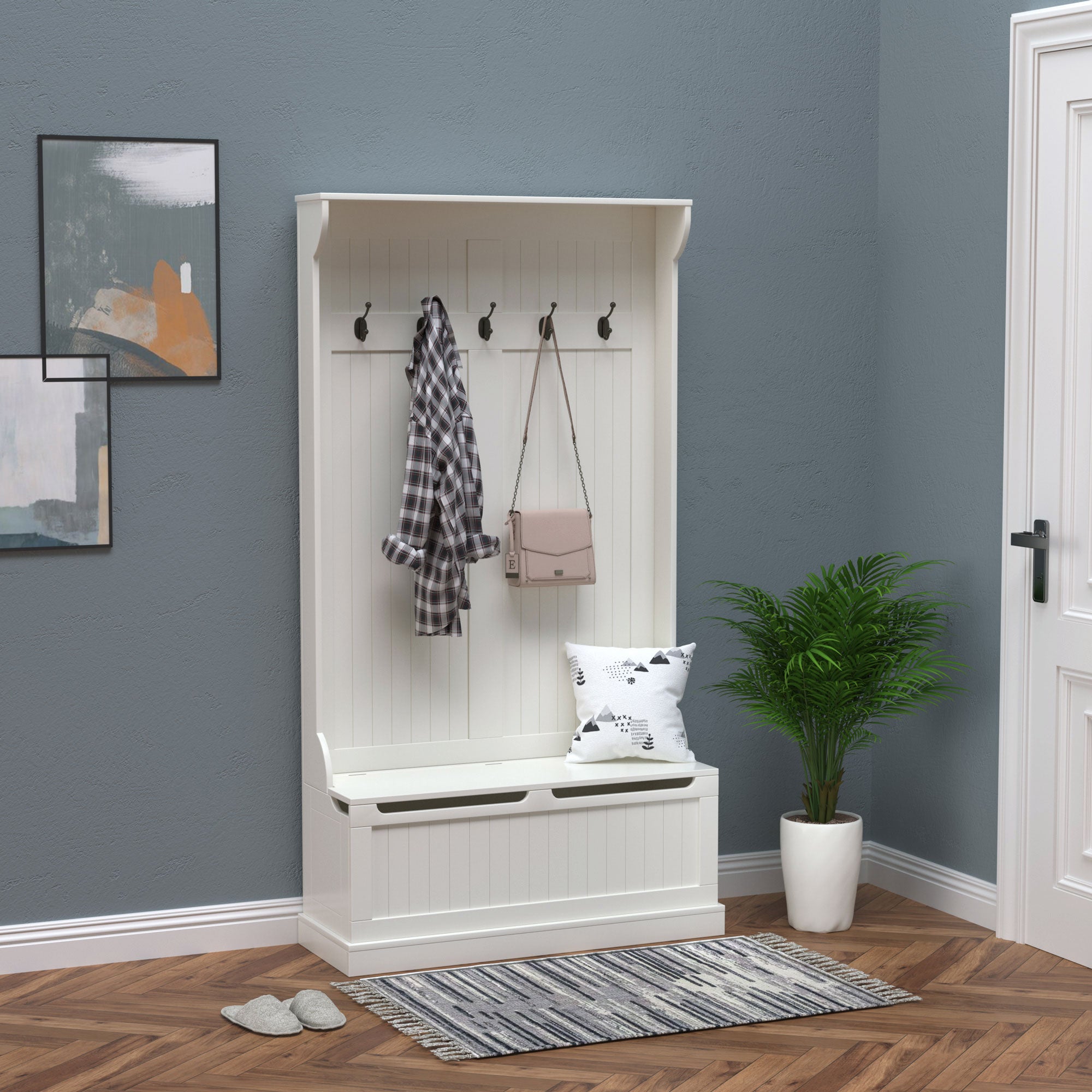 3 In 1 Entryway Bench with Coat Rack Hall Tree with Bench and Shoe Storage 5 Hooks for Hallway Cream White