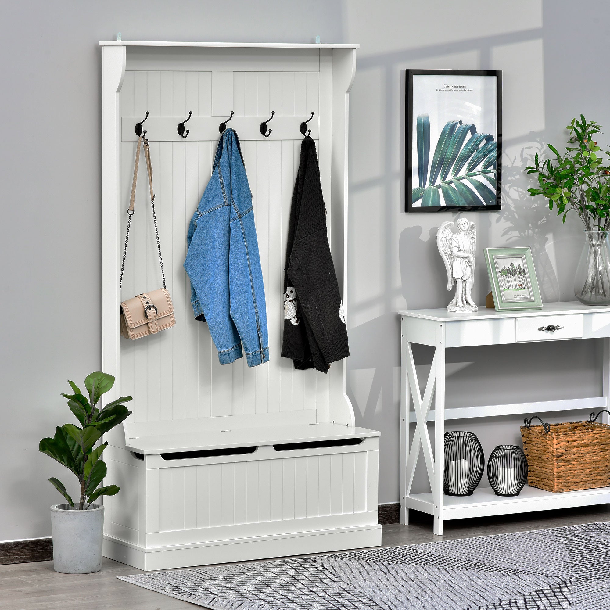 3 In 1 Entryway Bench with Coat Rack Hall Tree with Bench and Shoe Storage 5 Hooks for Hallway Cream White