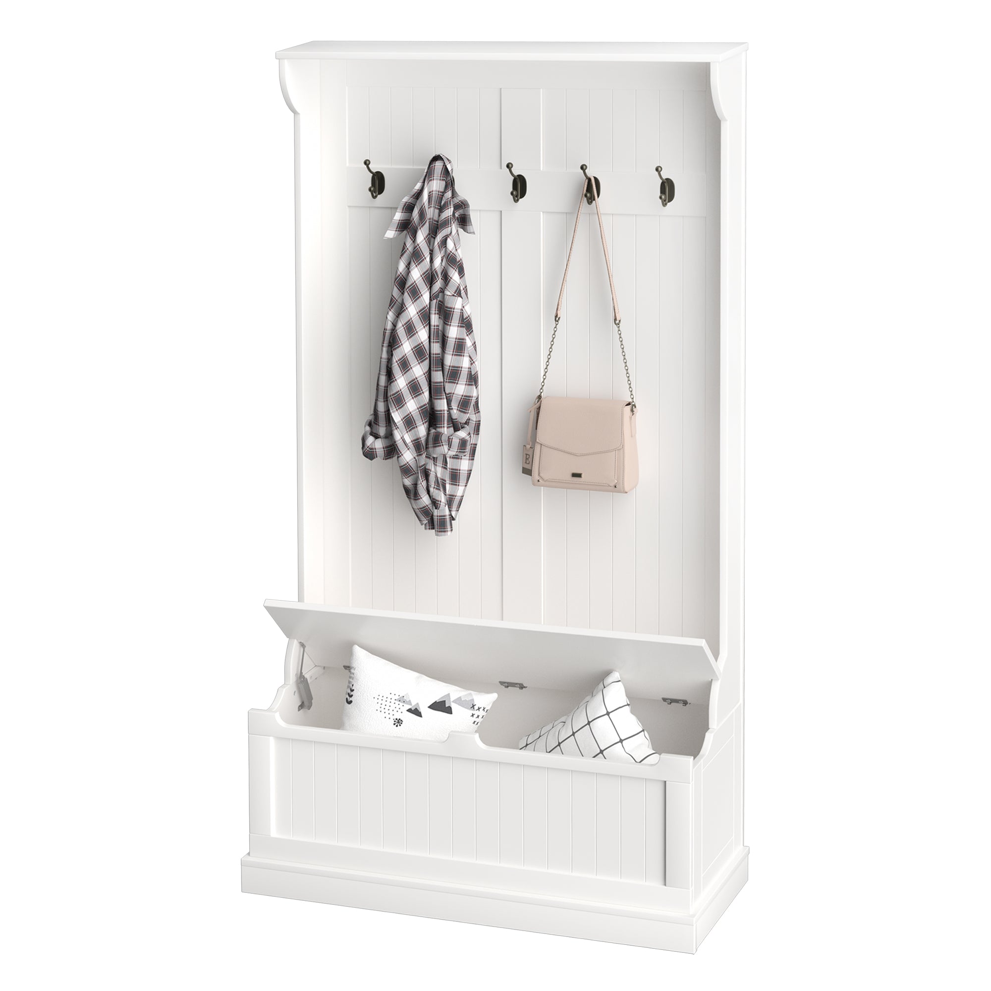 3 In 1 Entryway Bench with Coat Rack Hall Tree with Bench and Shoe Storage 5 Hooks for Hallway Cream White