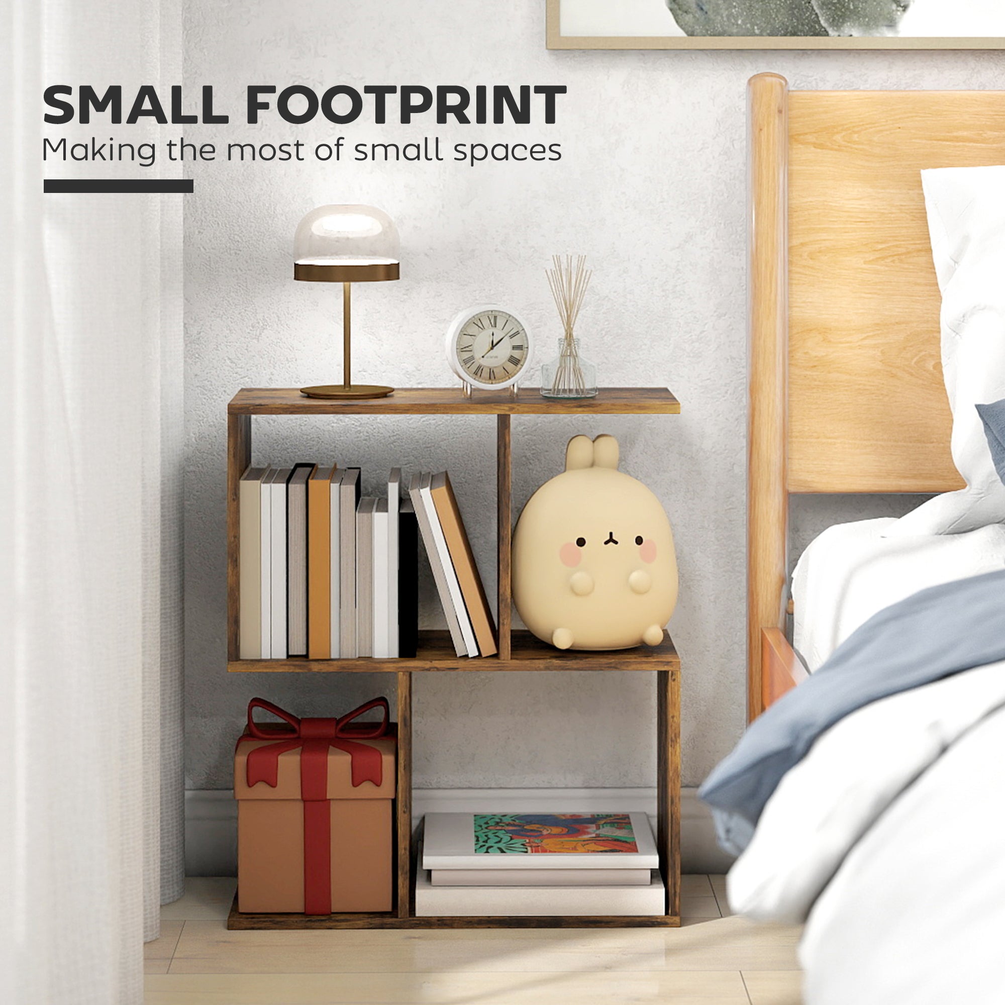 Wood-Grain Finish Side Table, S-Shaped Narrow End Table with 3-Tier Storage Shelves for Living Room, 19.7" W x 7.7" D x 22.8" H, Rustic Brown