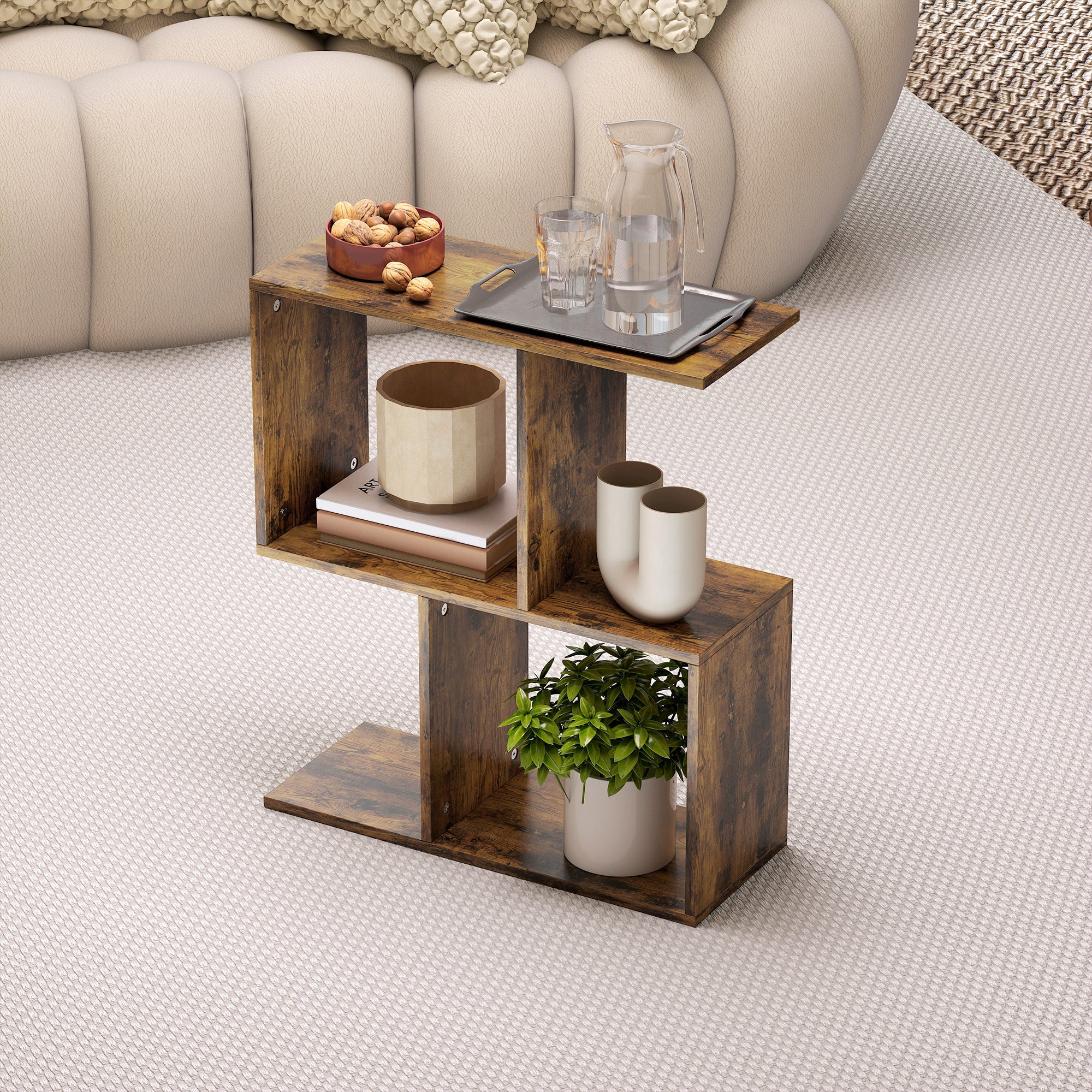 Wood-Grain Finish Side Table, S-Shaped Narrow End Table with 3-Tier Storage Shelves for Living Room, 19.7" W x 7.7" D x 22.8" H, Rustic Brown