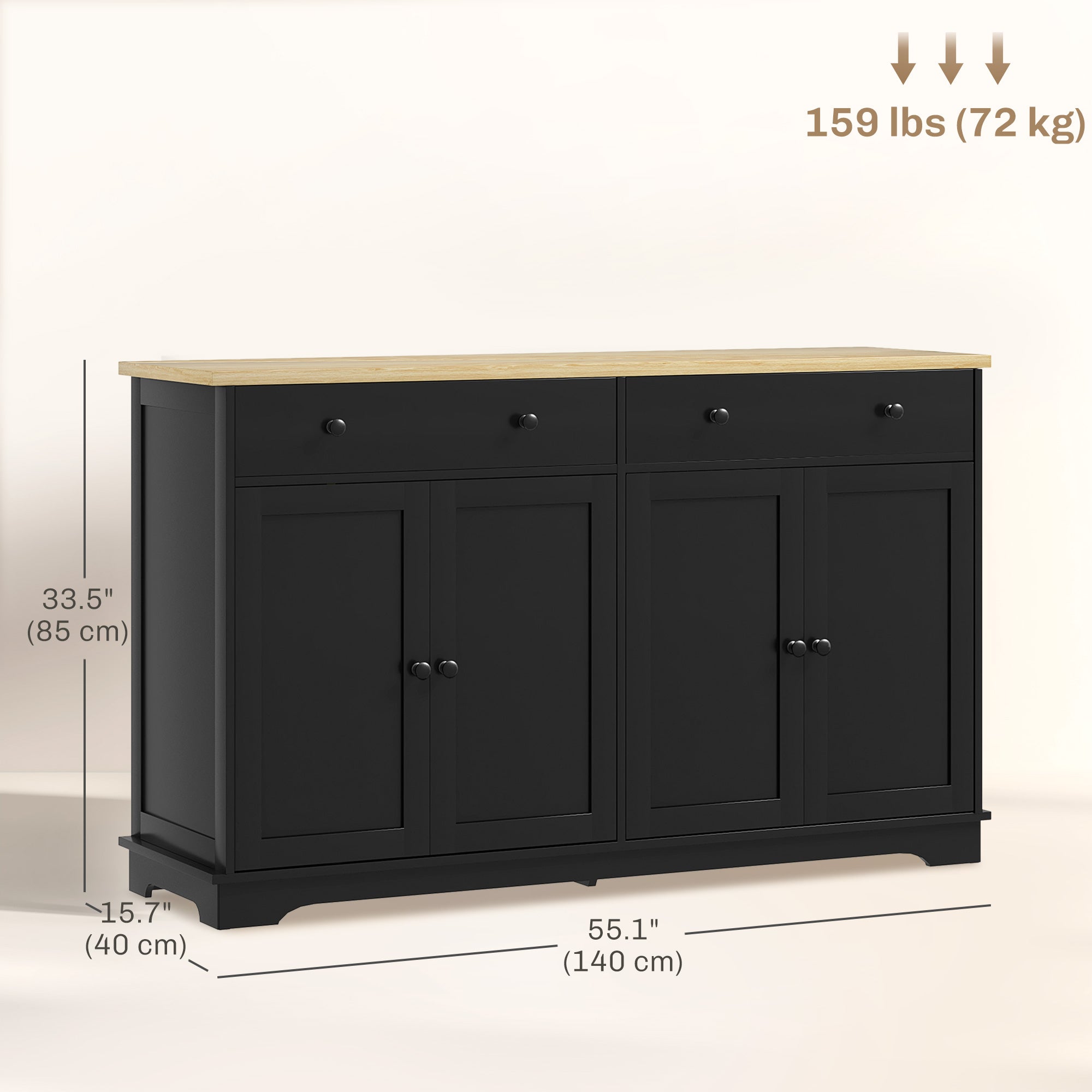 HOMCOM Kitchen Storage Cabinet, Sideboard Buffet Cabinet with Solid Wood Top, Adjustable Shelf, 2 Drawers and 4 Doors, Black