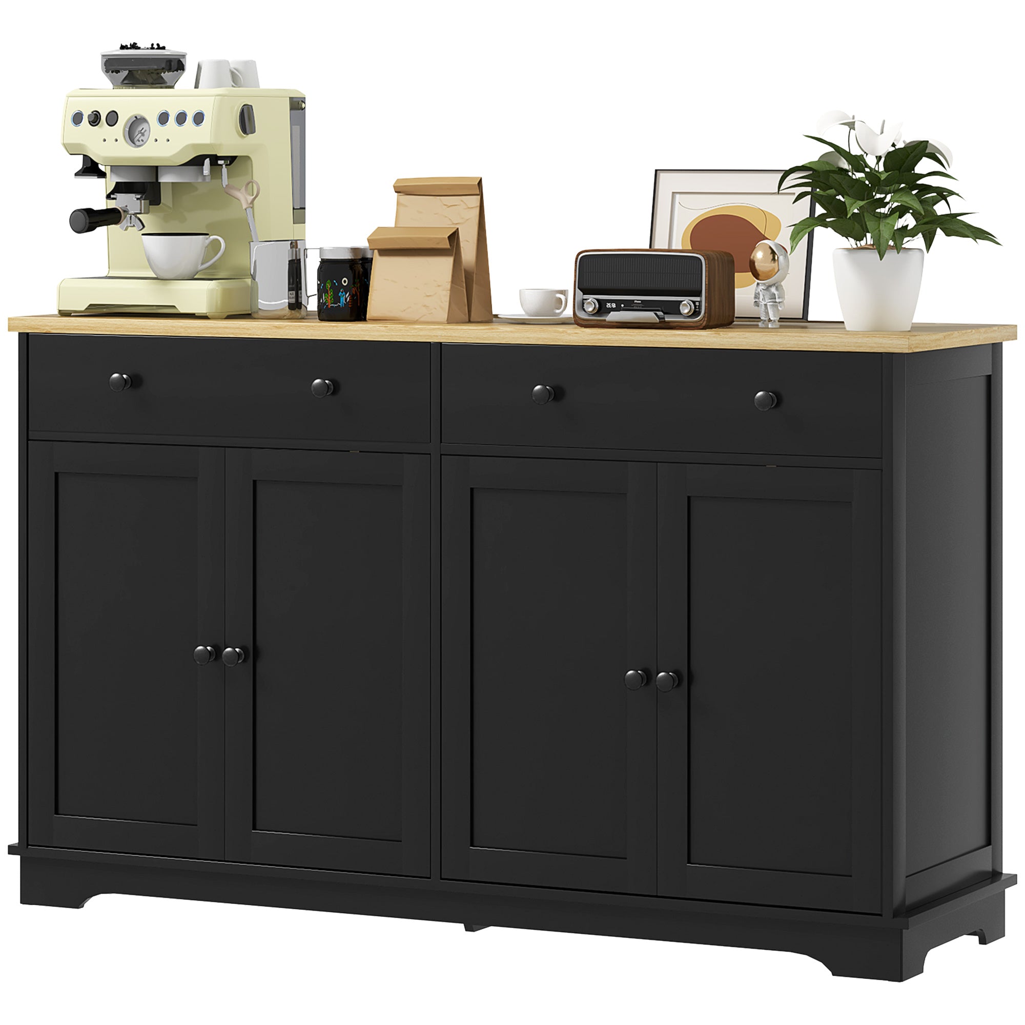 HOMCOM Kitchen Storage Cabinet, Sideboard Buffet Cabinet with Solid Wood Top, Adjustable Shelf, 2 Drawers and 4 Doors, Black