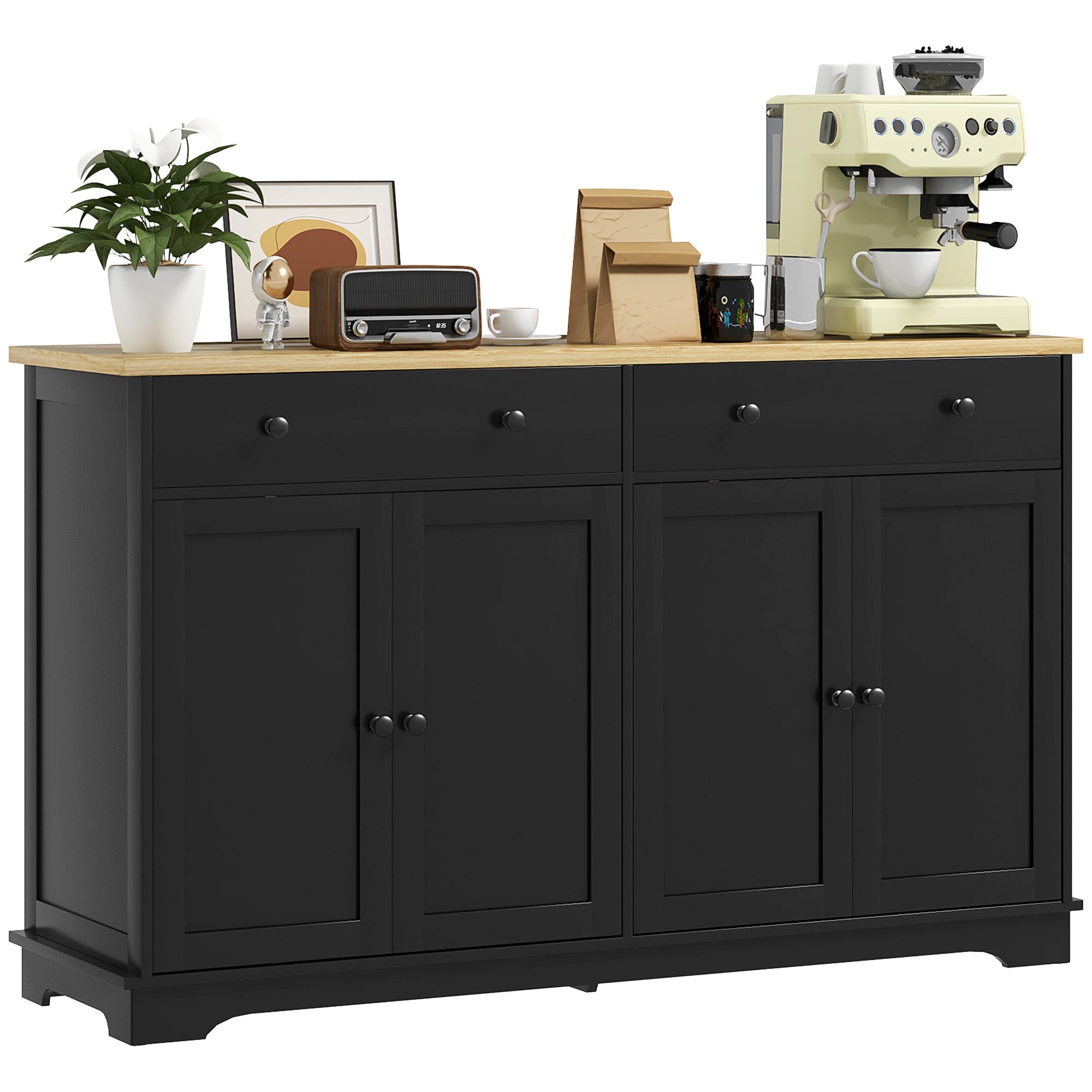 HOMCOM Kitchen Storage Cabinet, Sideboard Buffet Cabinet with Solid Wood Top, Adjustable Shelf, 2 Drawers and 4 Doors, Black