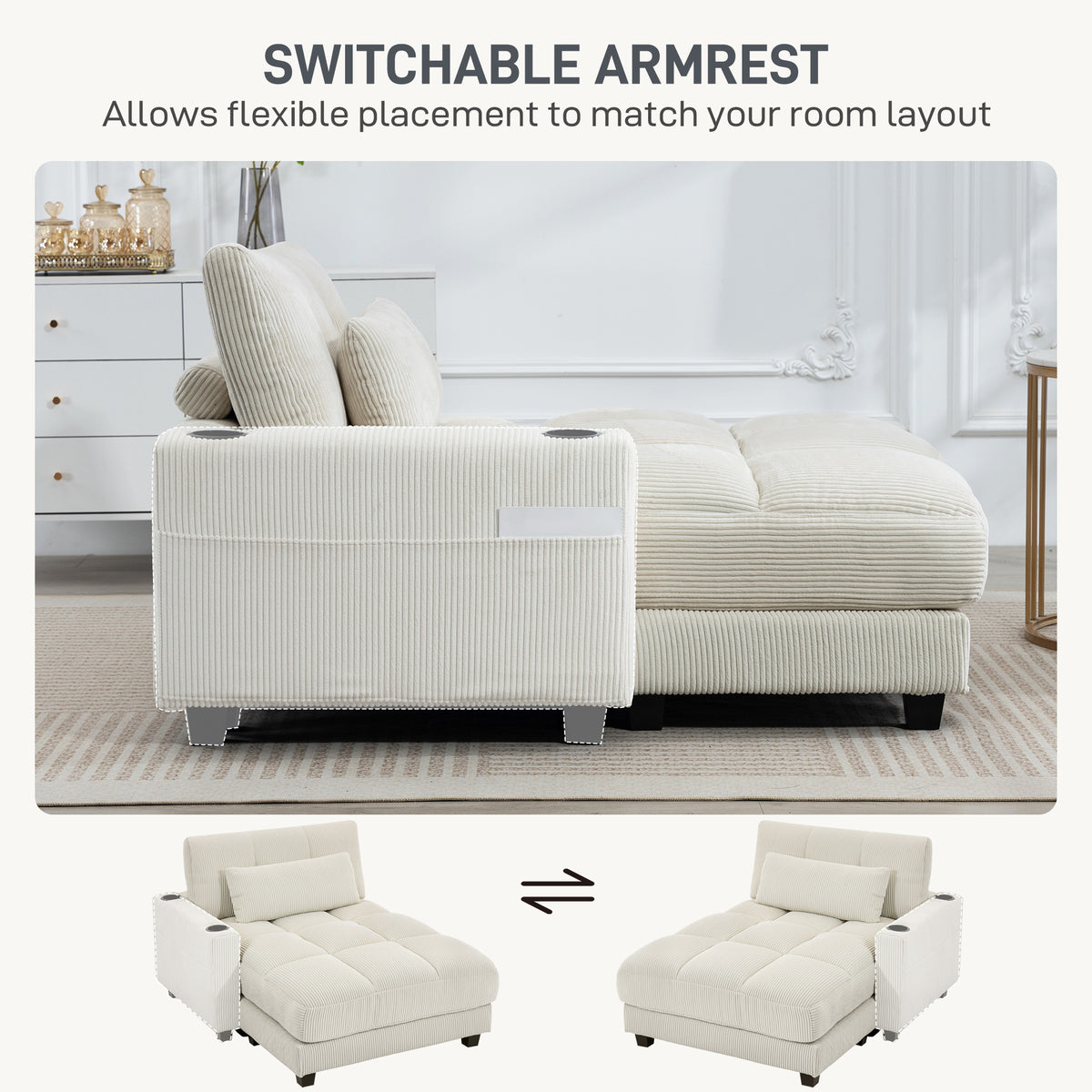 58" Chaise Lounge Chair Indoor, Oversized Corduroy Upholstered Sofa Bed, 2 Cup Holders, Pillow, Deep Seat Sleeper Couch Reading Chair for Living Room, Bedroom, Cream White