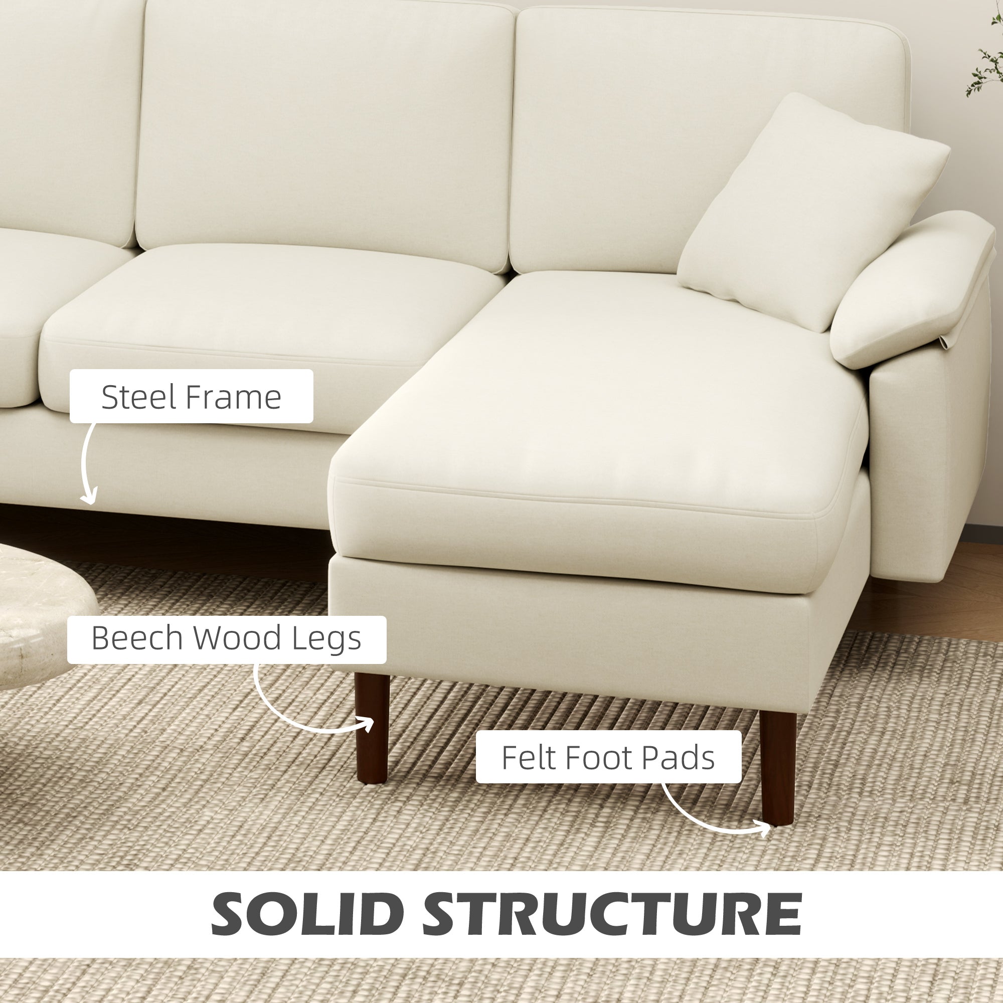 HOMCOM Changeable Sectional Sofa with Changeable Chaise Lounge, Modern Sectional Couch with Pillows, Wooden Legs, L-Shape Corner Sofa for Living Room, Cream White