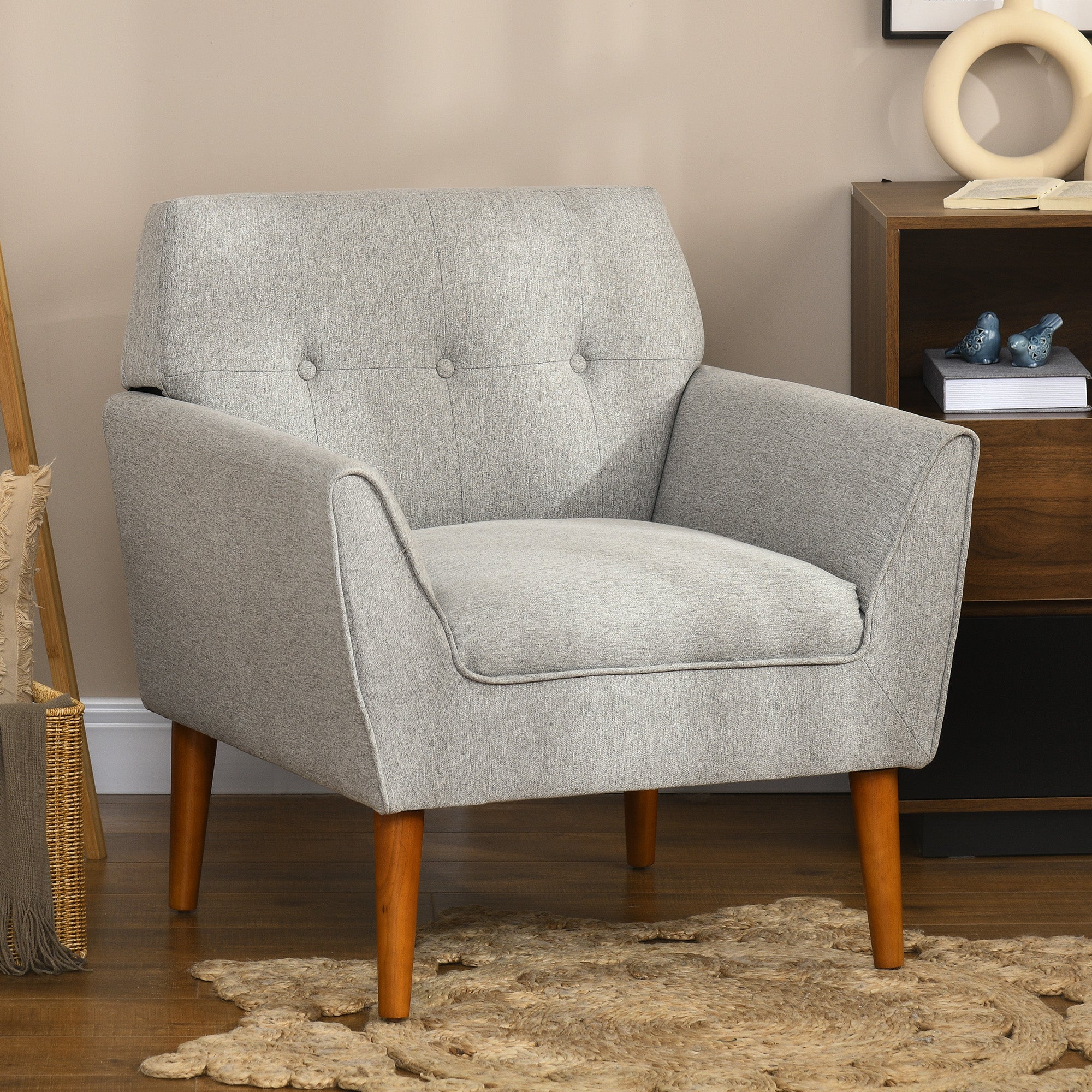 Traditional Accent Chair Button Tufted Armchair with Wood Legs for Living Room Bedroom Light Gray