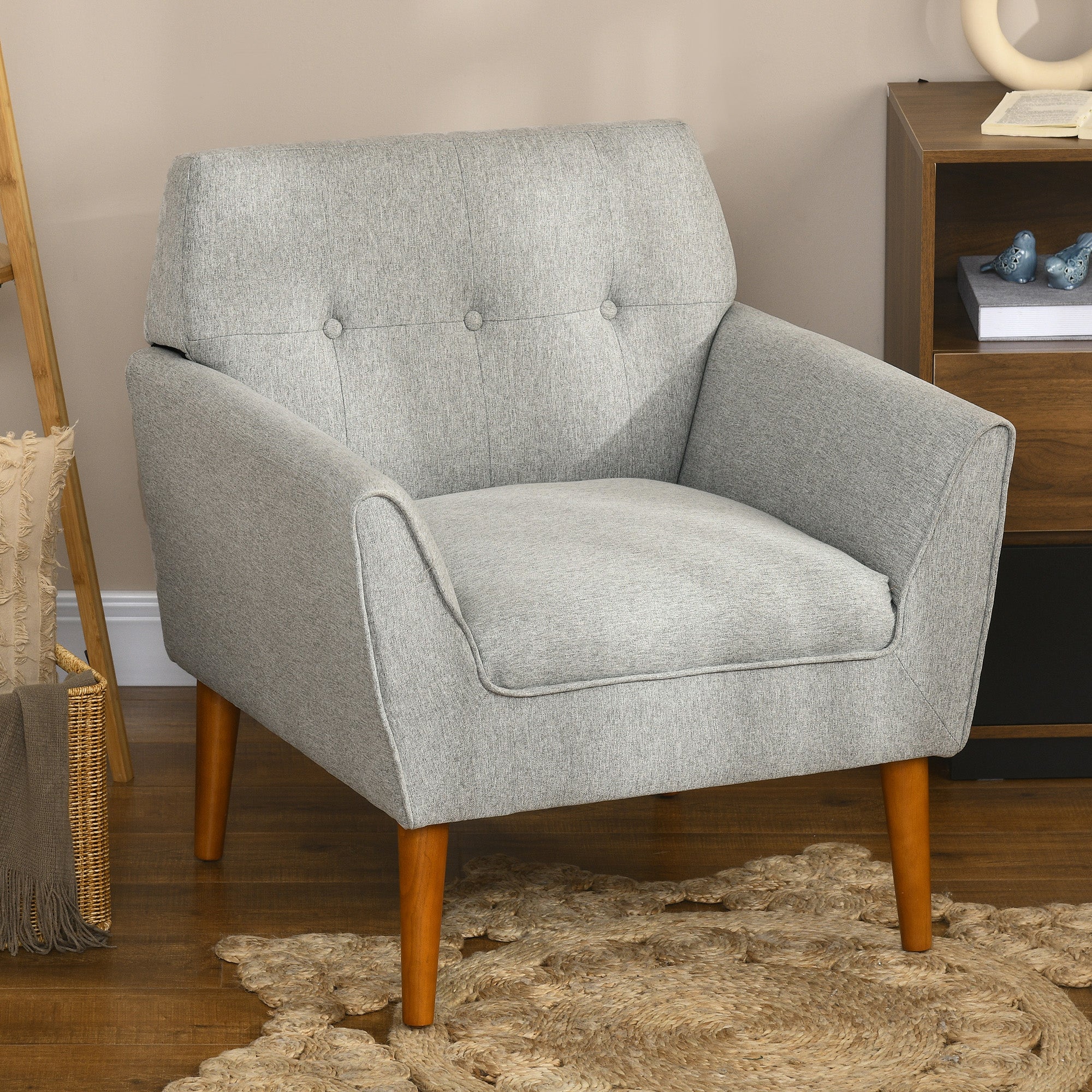 Traditional Accent Chair Button Tufted Armchair with Wood Legs for Living Room Bedroom Light Gray