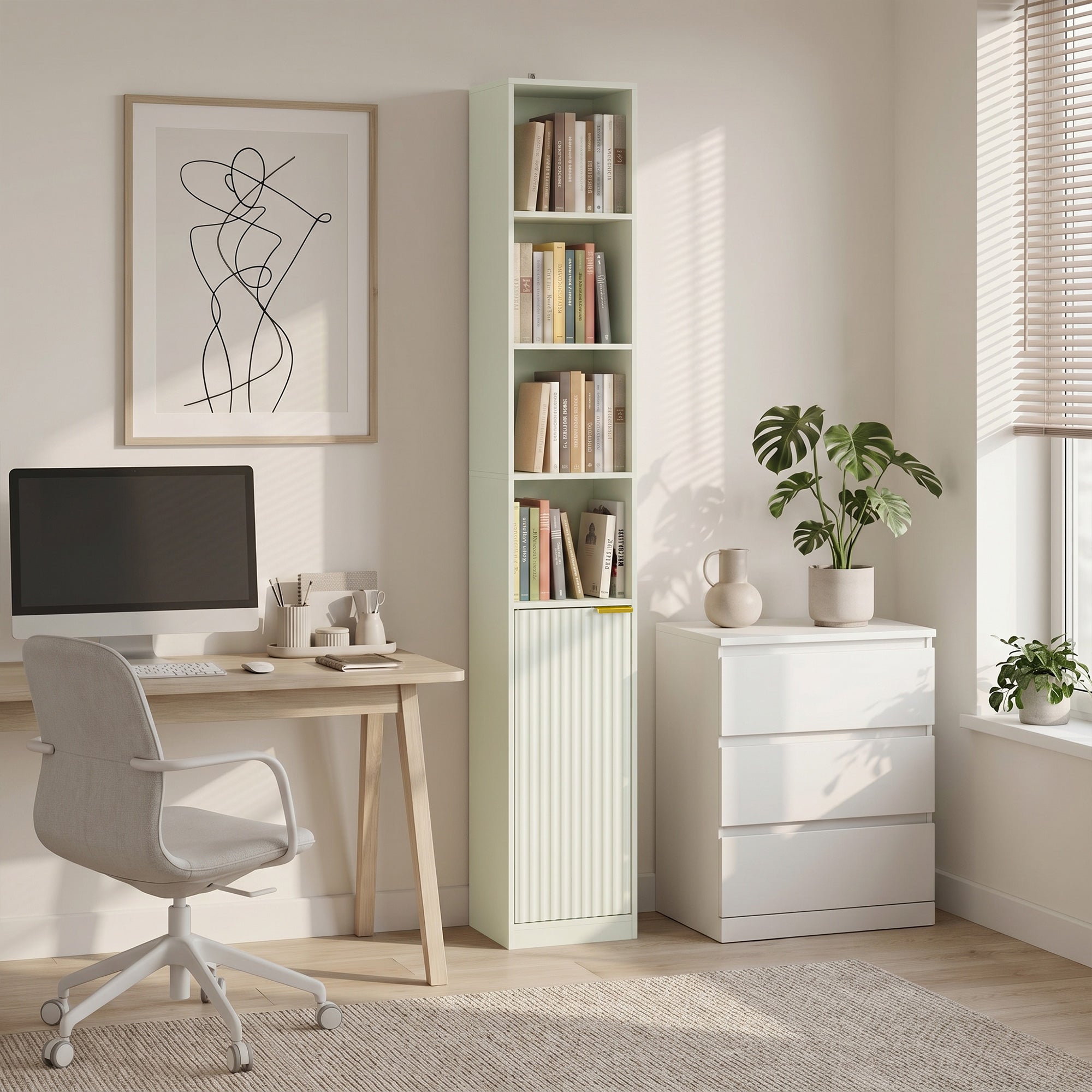 Bookcase, 6-Tier Tall Bookshelf, Open Book Shelf with Storage Cabinet and Adjustable Shelf, Anti-Tip Hardware for Living Room, Bedroom, Home Office, Light Green