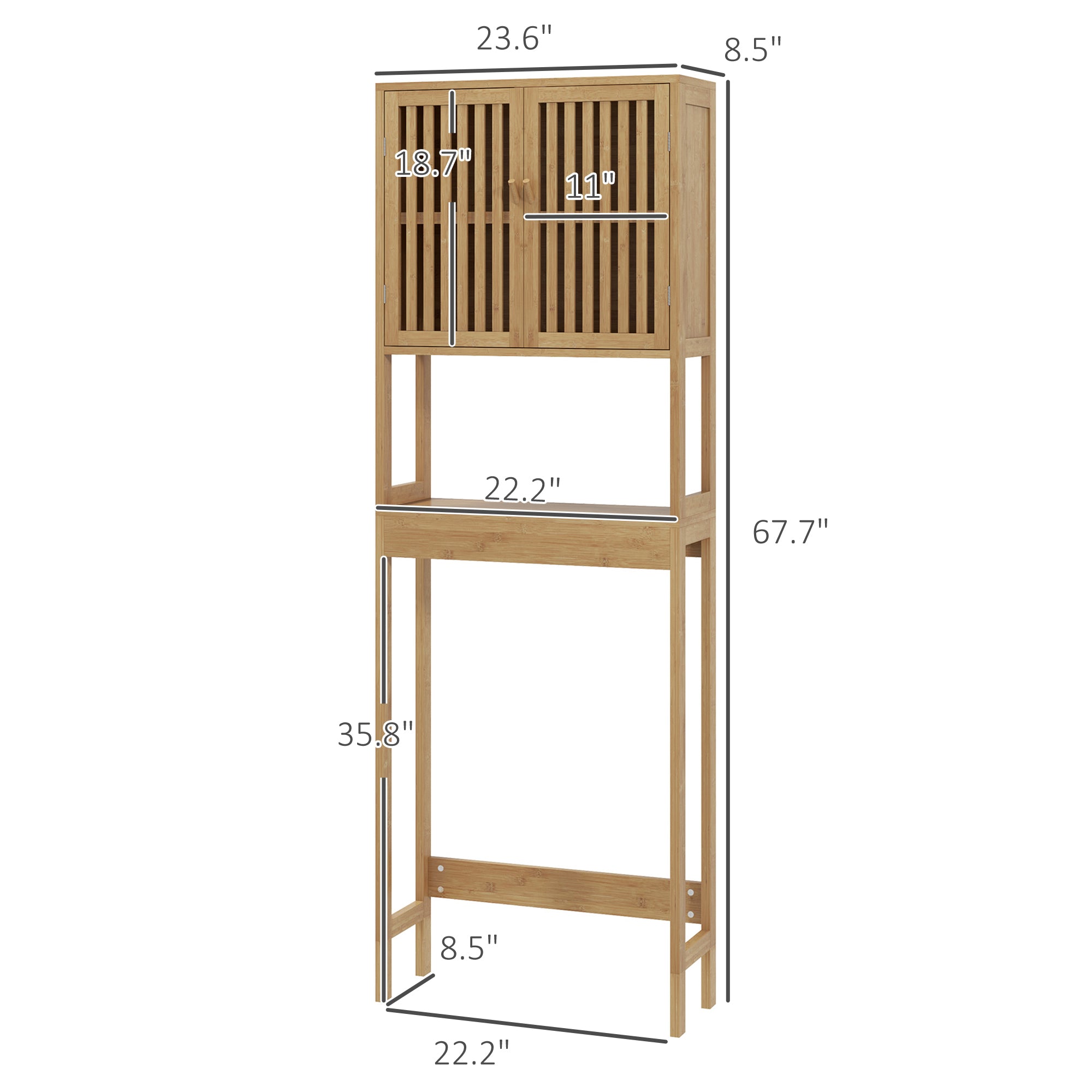 Over the Toilet Cabinet, Bamboo Bathroom Above Toilet Storage with Slatted Doors and Adjustable Shelf, Natural