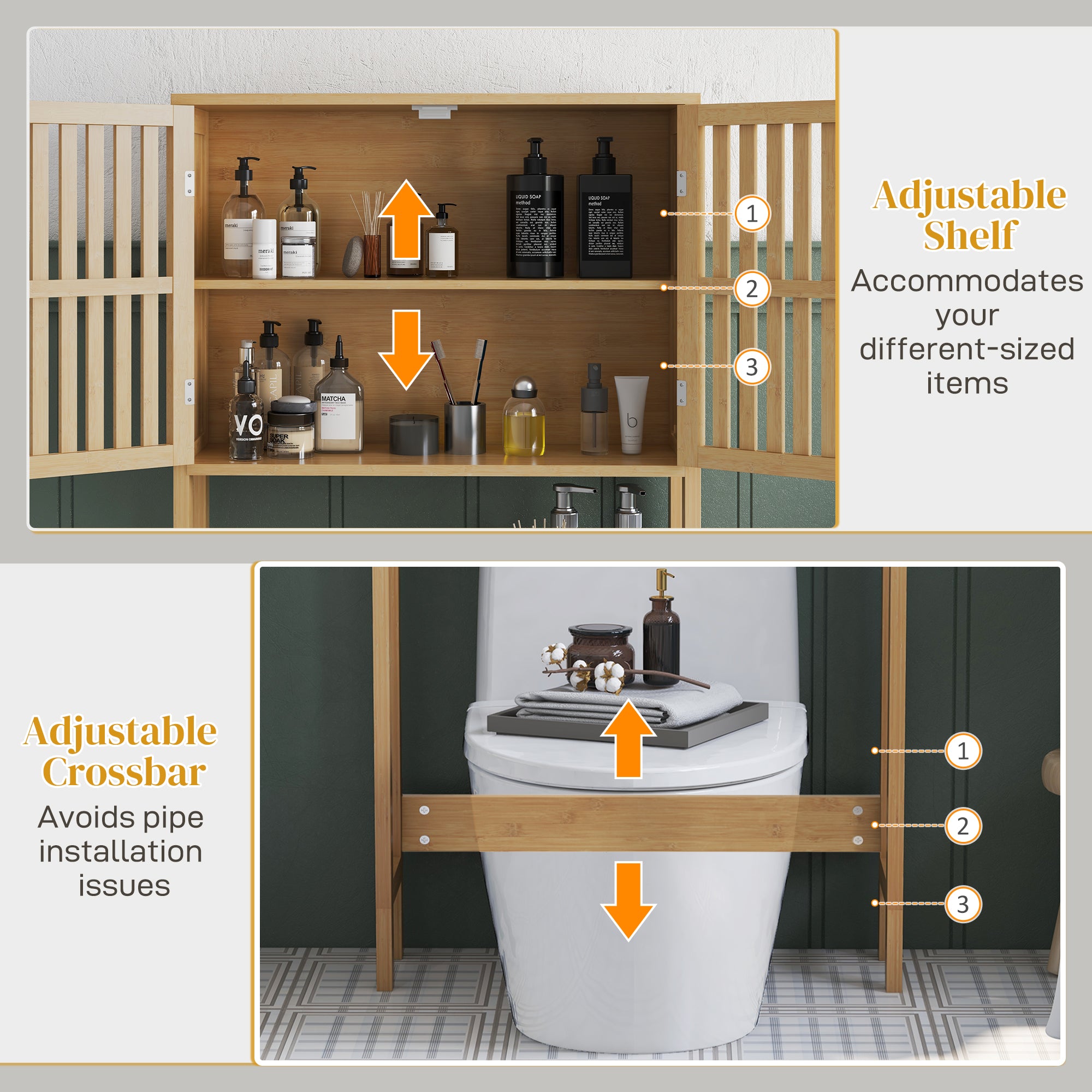 Over the Toilet Cabinet, Bamboo Bathroom Above Toilet Storage with Slatted Doors and Adjustable Shelf, Natural