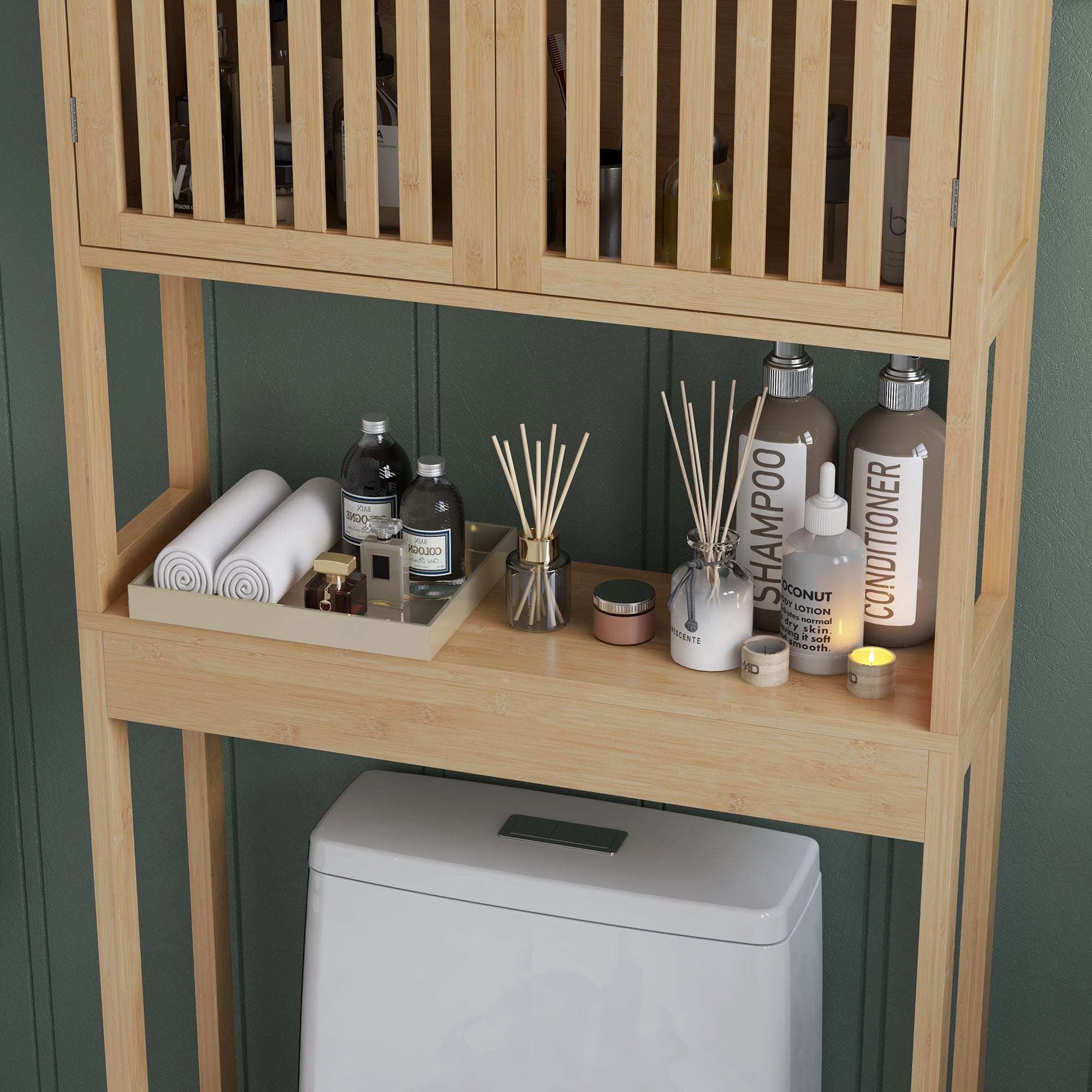 Over the Toilet Cabinet, Bamboo Bathroom Above Toilet Storage with Slatted Doors and Adjustable Shelf, Natural