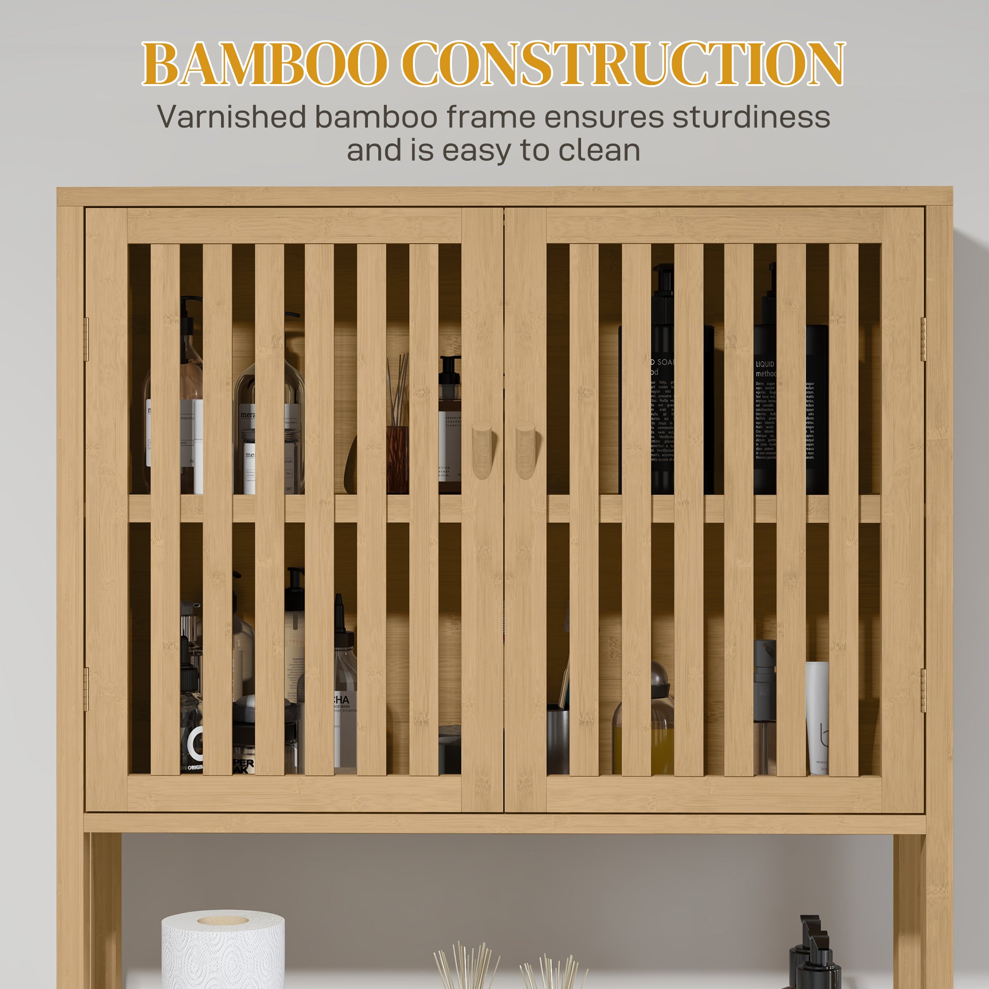 Over the Toilet Cabinet, Bamboo Bathroom Above Toilet Storage with Slatted Doors and Adjustable Shelf, Natural