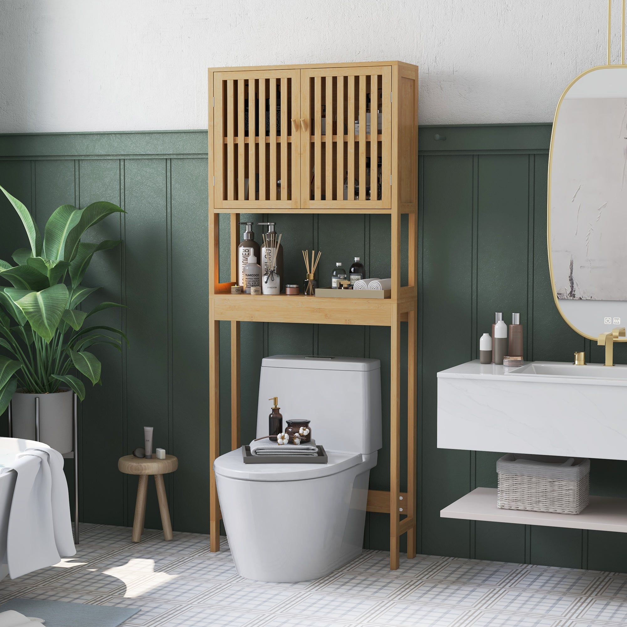 Over the Toilet Cabinet, Bamboo Bathroom Above Toilet Storage with Slatted Doors and Adjustable Shelf, Natural